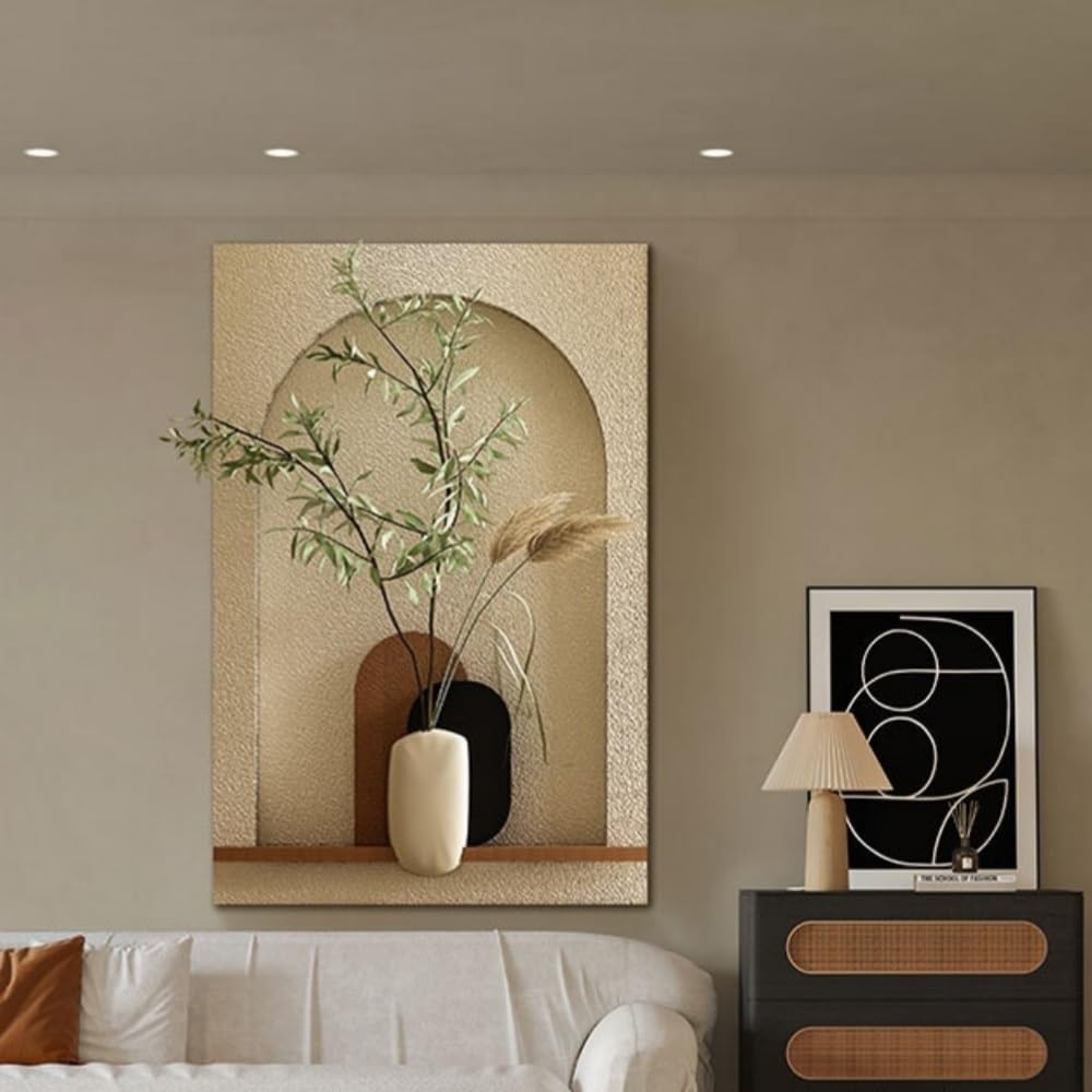 MESCXTY Sandstone Decor Wall Art Painting, Entrance Foyer Decorative Modern Painting with Simulated Plants, 3D Sculptures Hanging Led Light(C,23.6 * 35.4'')