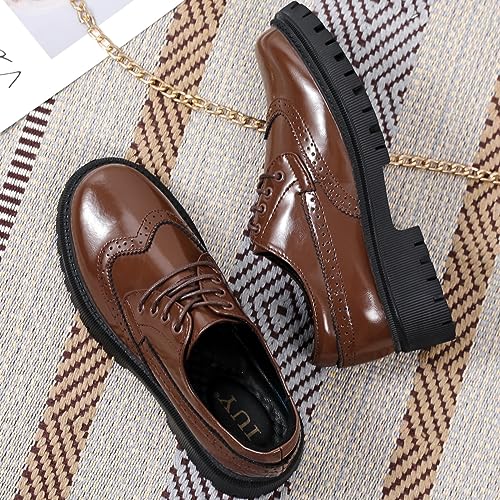 Image of Womens Vintage Oxford Shoes Platform Lace-up Round Toe Patent Leather Brogues Casual Oxfords for Girls Ladies Women