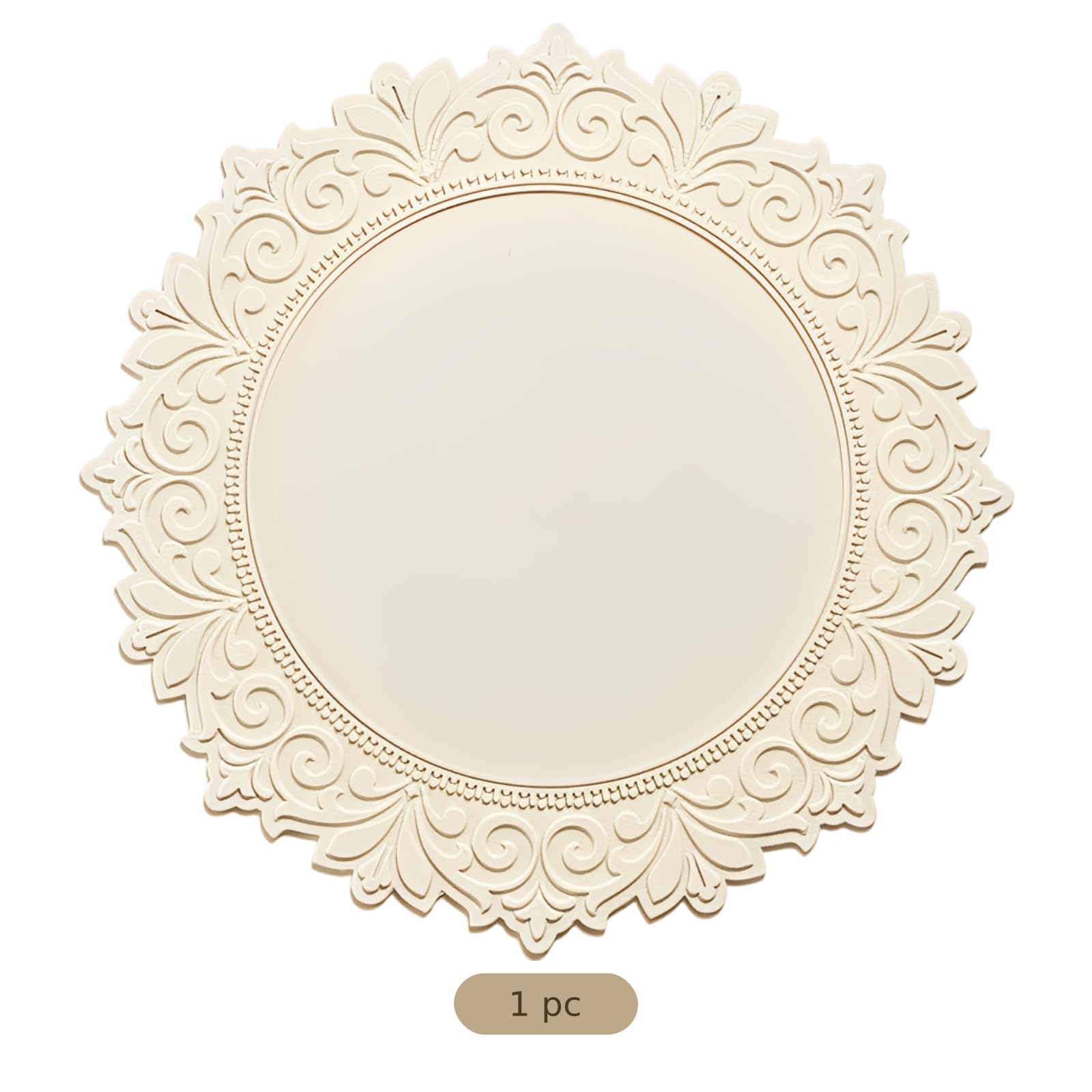 Weißes Silikon-Tischset, rund 35 cm, mit Spitzenmuster, hitzebeständige Unterlage, geprägter Rand im Barockstil, Tischschutz für Küche, Esstisch, Vasenunterlage, auch als Geschenk