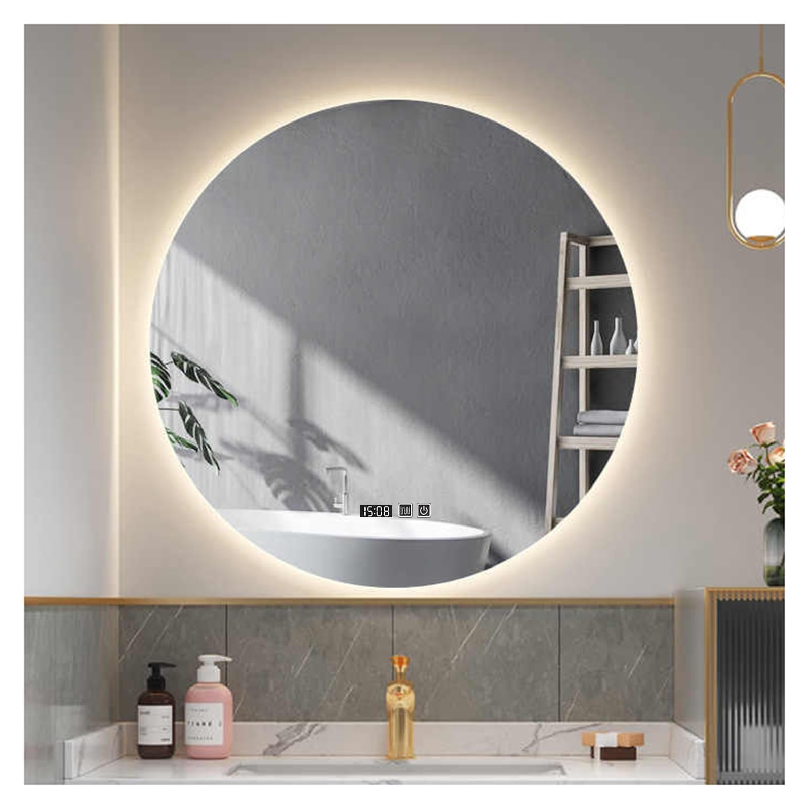 FGXHHS with LED Lights,Round Lights,Anti-Fog,Vanity Makeup Illuminated 3 Colour Temperature Demister Touch Control, IP44(B,H80*W80cm/H31.5*W31.5IN)