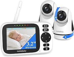 HelloBaby – Baby Monitor with 2 Cameras, 3.2-inch IPS Display, No WiFi, Panoramic Remote Zoom, Infrared Night Vision, 1000ft Wireless Connection