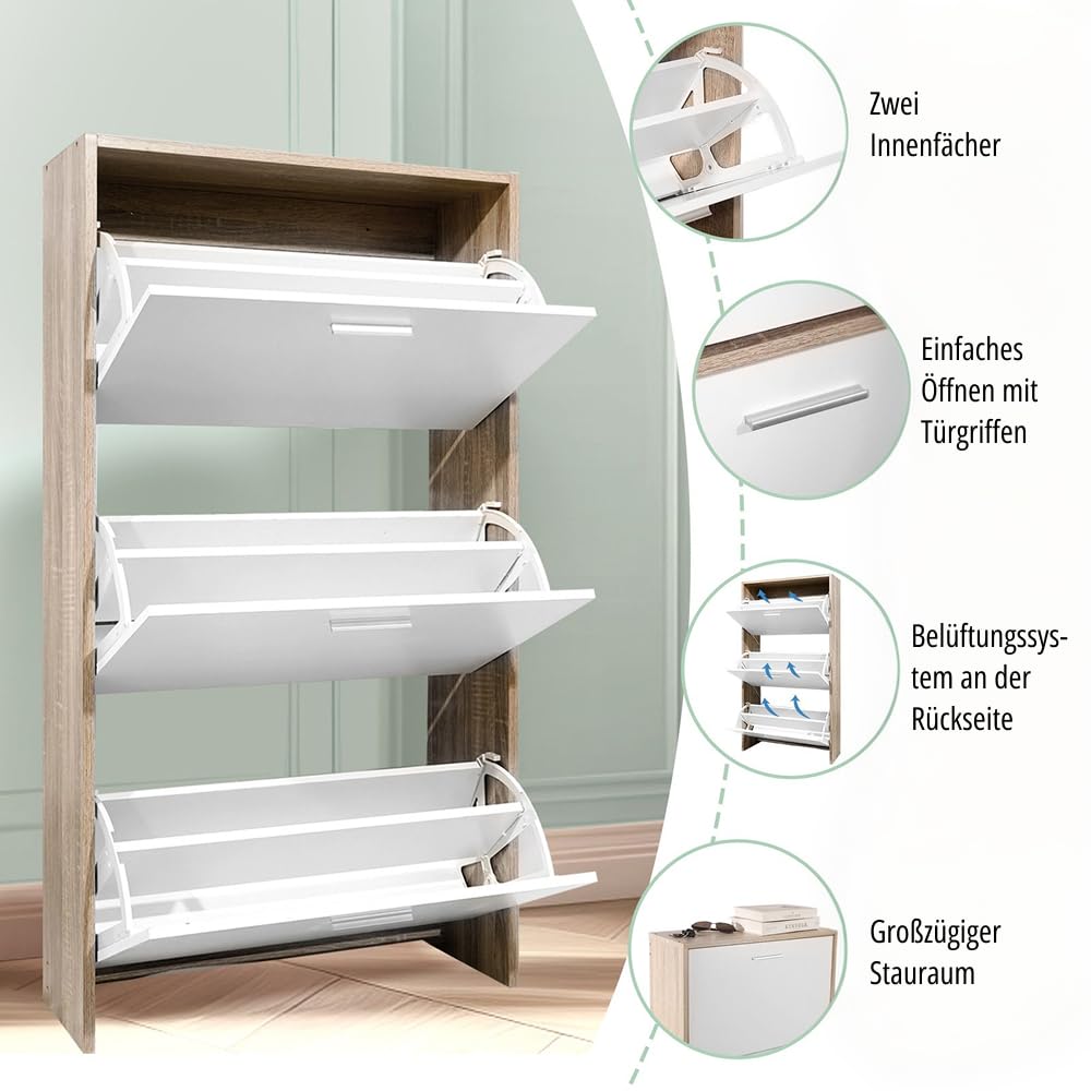 CASABEL Schuhschrank für 18 Paar, Schrank mit großem Fassungsvermögen für Eingangsbereich, Flur, L 60 x T 24 x H 113 cm, Weiß helles Holz