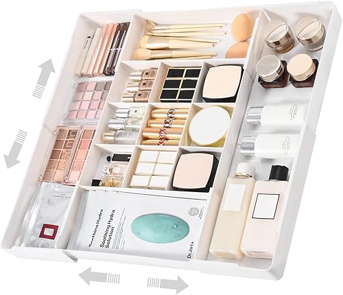 MIUOPUR Organizador de cajones expandible, ancho (10.6"-20.1") profundidad (11"-20.1"), organizador de cajones de maquillaje de plástico con 6
