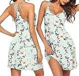 Ekouaer Nachthemd Damen Kurz Nachtwäsche Ärmelloses Nachtkleid mit Trägern Sexy V Ausschnitt Sleepwear Loungewear, Blau Druck, XL
