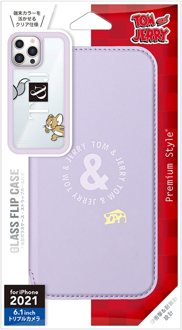 Premium Style PG-WGF21N01TAJ Glass Flip Case for iPhone 13 Pro [Tom and Jerry / Purple]