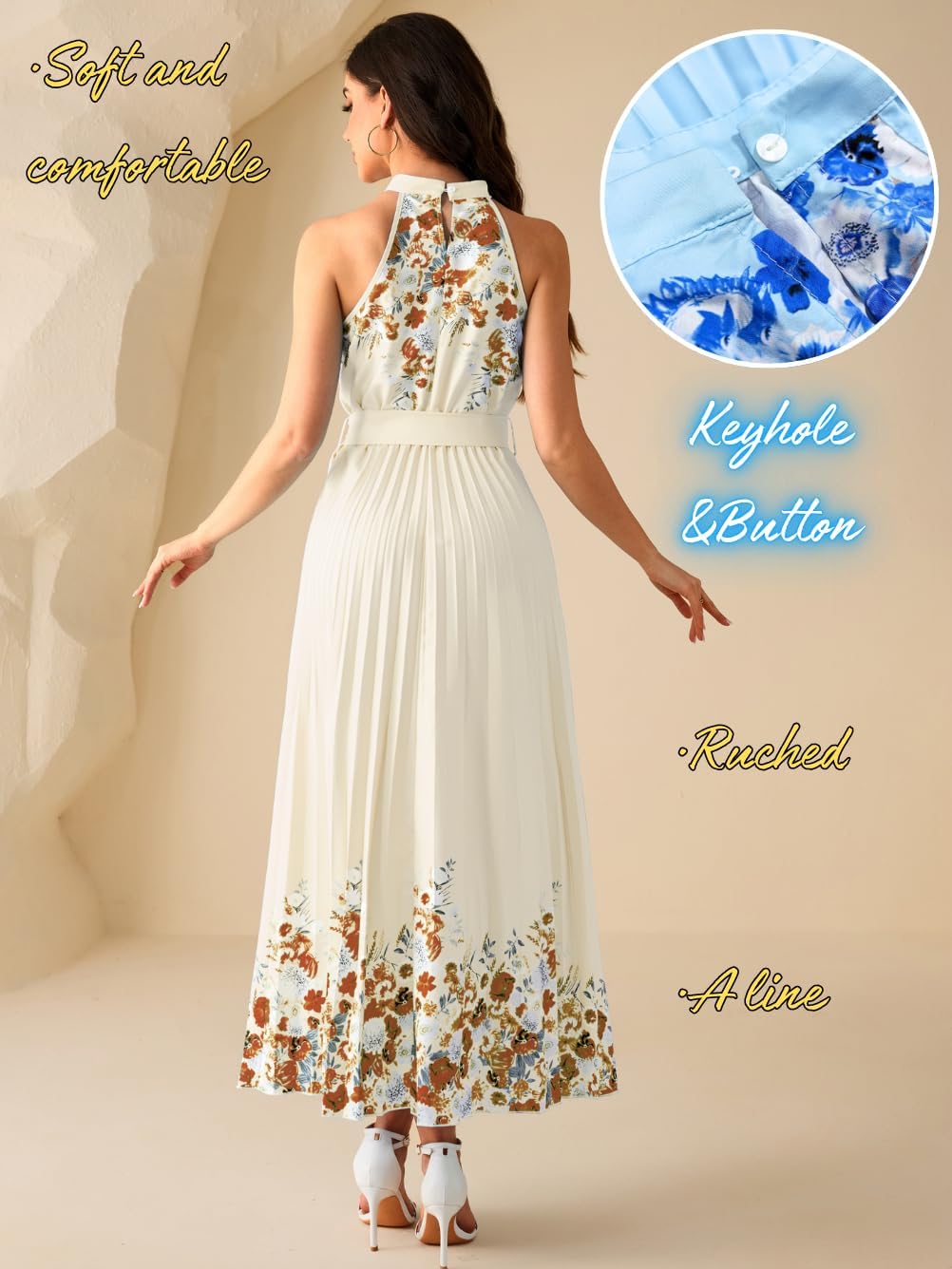 Elegant Floral Halter Maxi Dress, Classy Pleated A Line Flowy, Spring Summer Wedding Guest Dresses for Women - Image 3