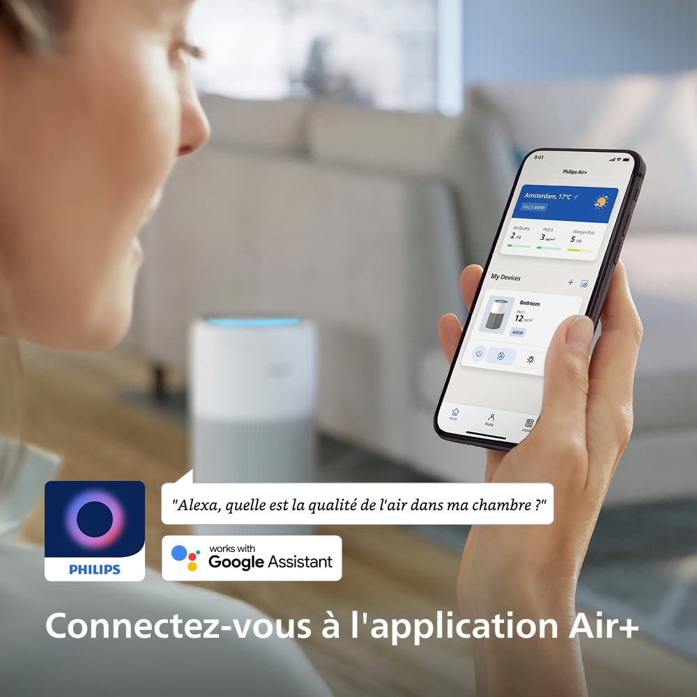 Philips Purificateur d'air Série 2200 - Filtre à charbon actif et HEPA NanoProtect, CADR 400m³/h pour 104m², Pour personnes allergiques, Ultra-silencieux, Filtre intelligent et durable (AC2210/10)