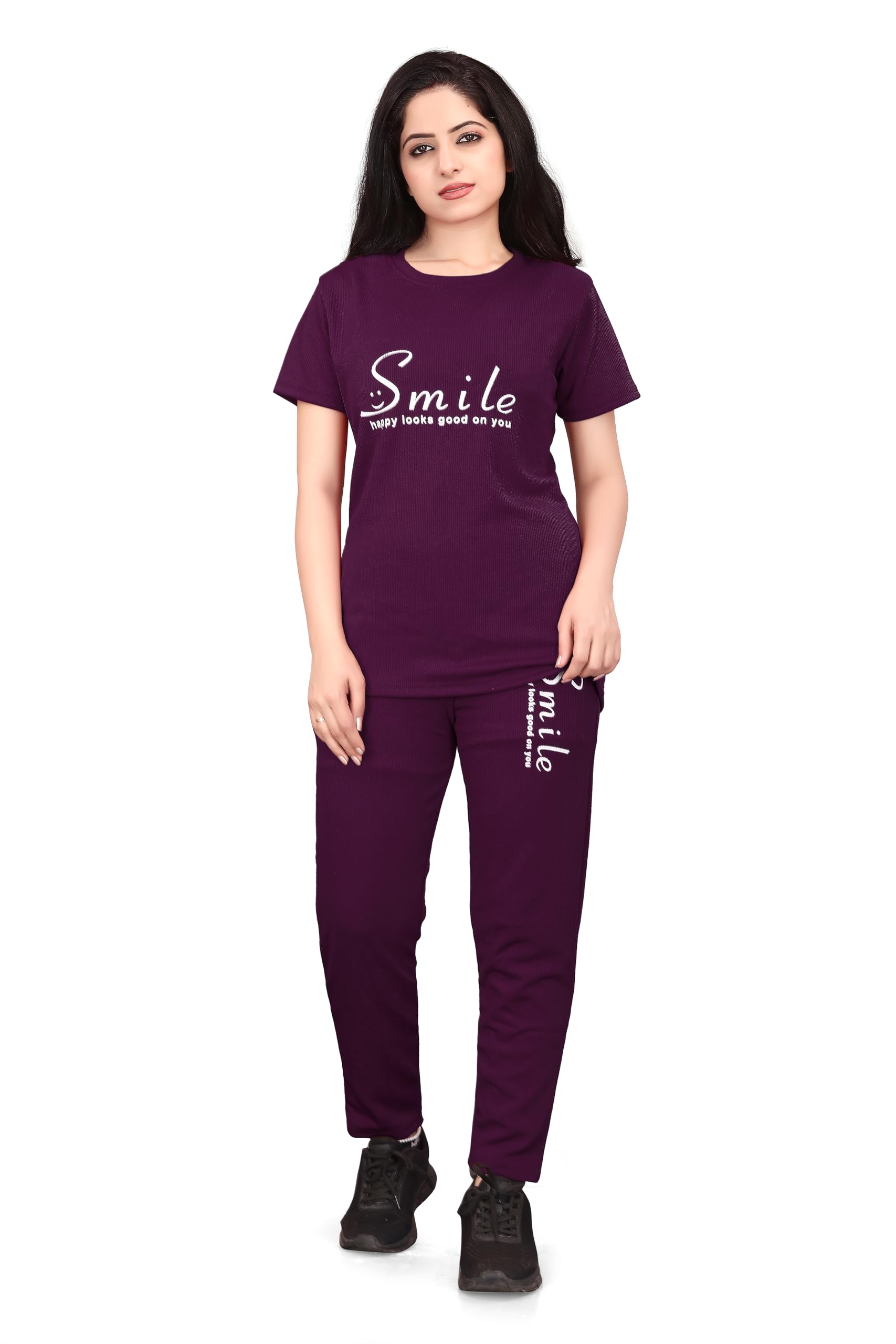 Women's Night Suit Set with Smile Graphic Print, Short Sleeve T-Shirt and Pyjama Combo-picture-10