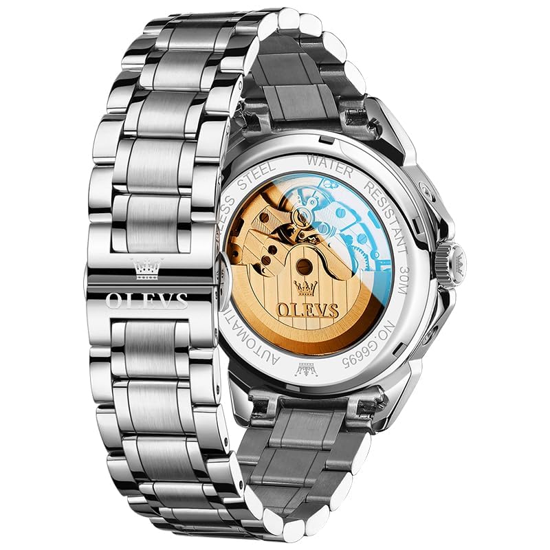 Image of OLEVS Automatic Watches for Men 43MM Skeleton Large Dial 3Hand Self Winding Watch Stainless Steel Dress Luxury Mechanical Waterproof Luminous Wirst Watch Gift
