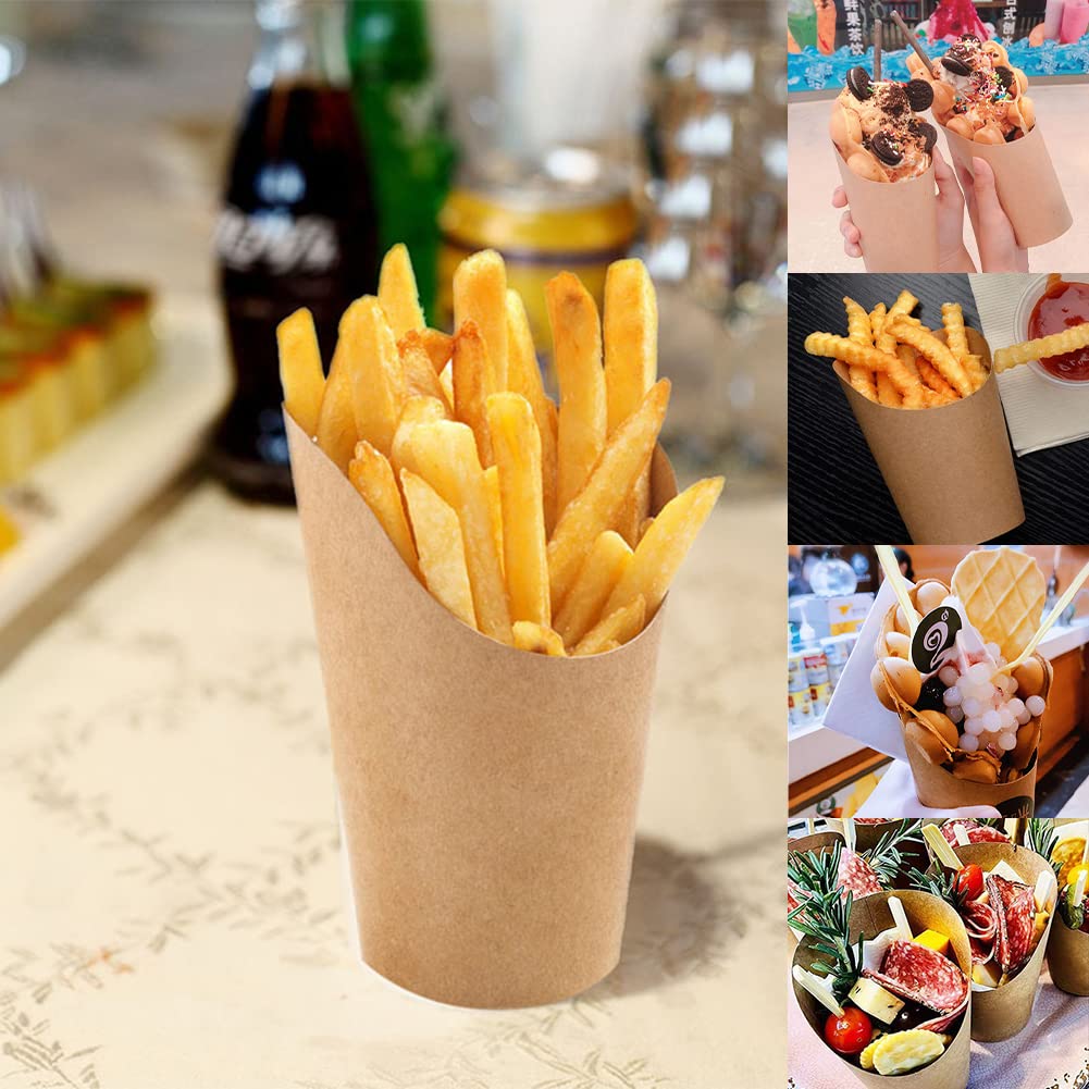 Produktbild von 50x 14oz Snackbecher Aus Kraftpapier – Pommestüten Mit Schrägöffnung, öl- & Wasserdicht Für Chips, Waffeln, Eis, Obst