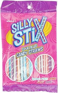 Silly Stix Sour Filled Candy Straws 2.75oz Bag - Tropical Punch, Orange, Cherry, Grape (Pack of 1)