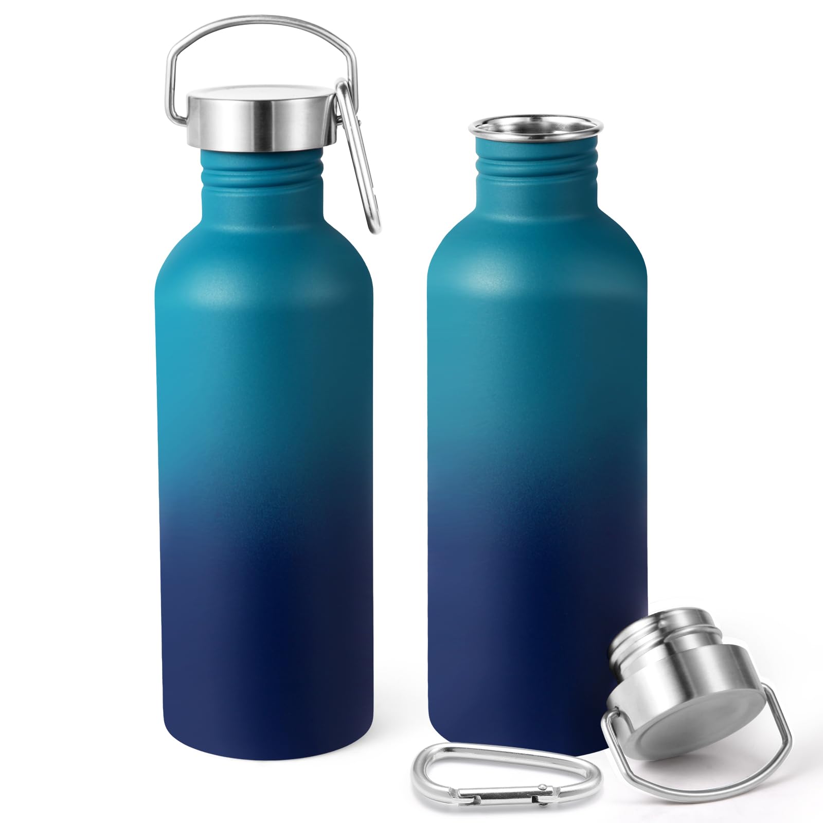 Volhoply 1000ml Uninsulated Single Walled Water Bottles 2 Pack, Stainless Steel Sports Water Bottle with Handle & Carabiner, BPA Free Lightweight Water Bottles for Hiking, Running（Dark Night,2）