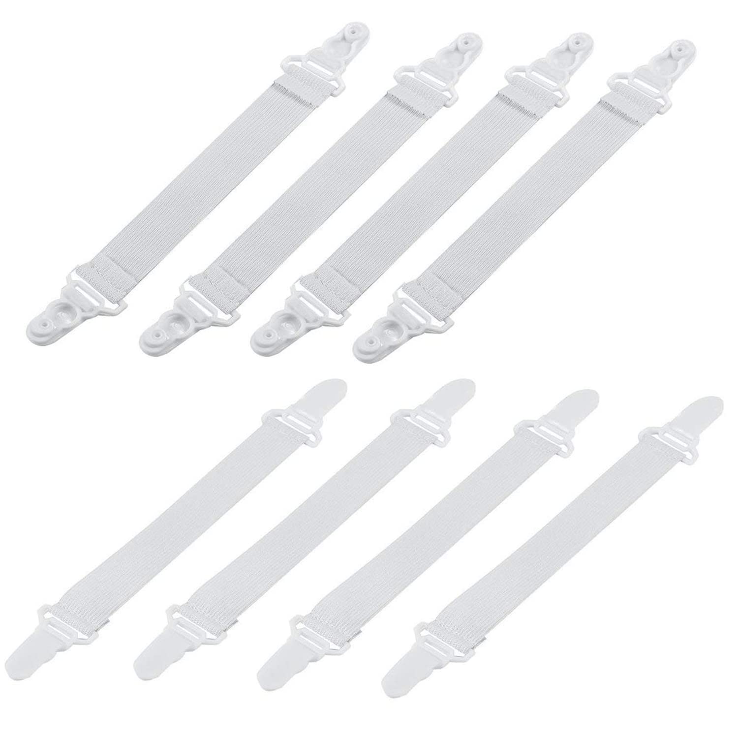 Bed Sheet Clip, 8 Pcs Adjustable Straps Sheet Holder Elastic Fasteners Clips for Bed Corner/Mattress Sheet/Couch mat/Straps/Crib/Ironing Board (White)