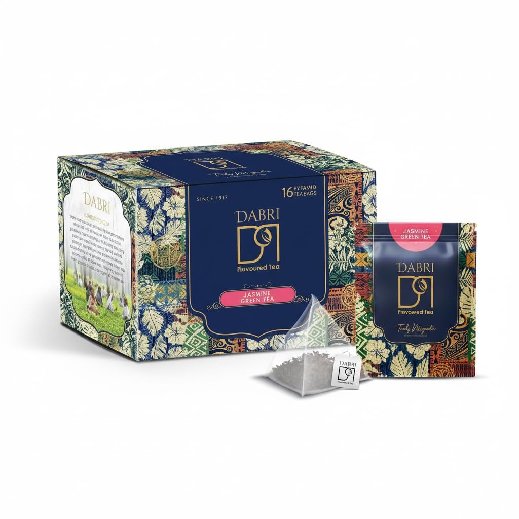 Dabri Jasmine Green Tea Bags | 16 Premium Green Tea Bags with Jasmine Flowers | Natural Antioxidant-Rich for Refreshing Energy & Wellness | Biodegradable Teabags | Dabri - Since 1917 Jasmine 16 Tea Bags