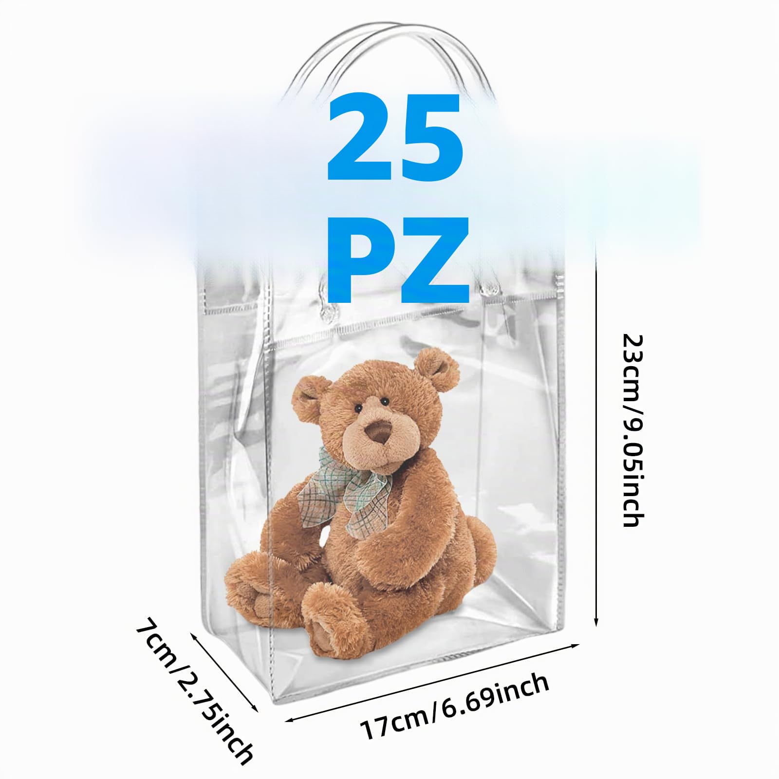 Sacchetti Regalo Trasparenti con Maniglie 25 Pezzi Borse Riutilizzabili in PVC - Buste Avvolgenti per Shopping - Chicche Bottega Nozze Compleanno Doccia del Bambino - 23x17x7cm
