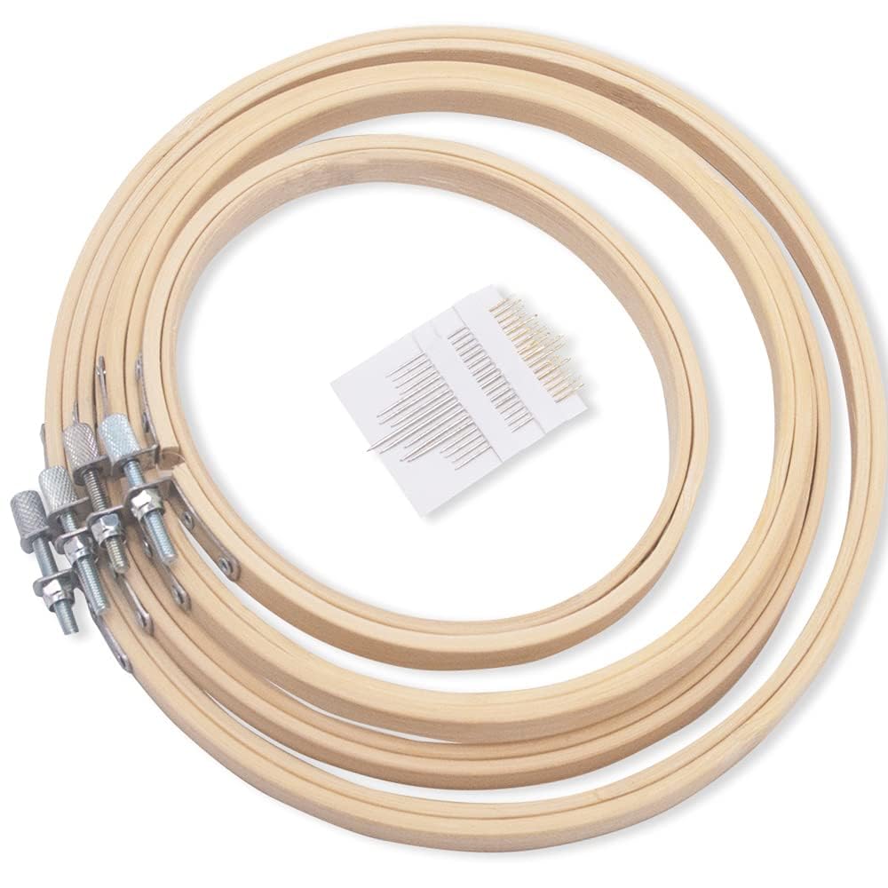 Rebecaskyens Bamboo 4Pcs 4 Sizes Round Embroidery Hoops,Circle Cross Stitch Accessories,Hoop Ring For Craft Sewing,With Gold Eye Embroidery Needles,Embroidery Hoop