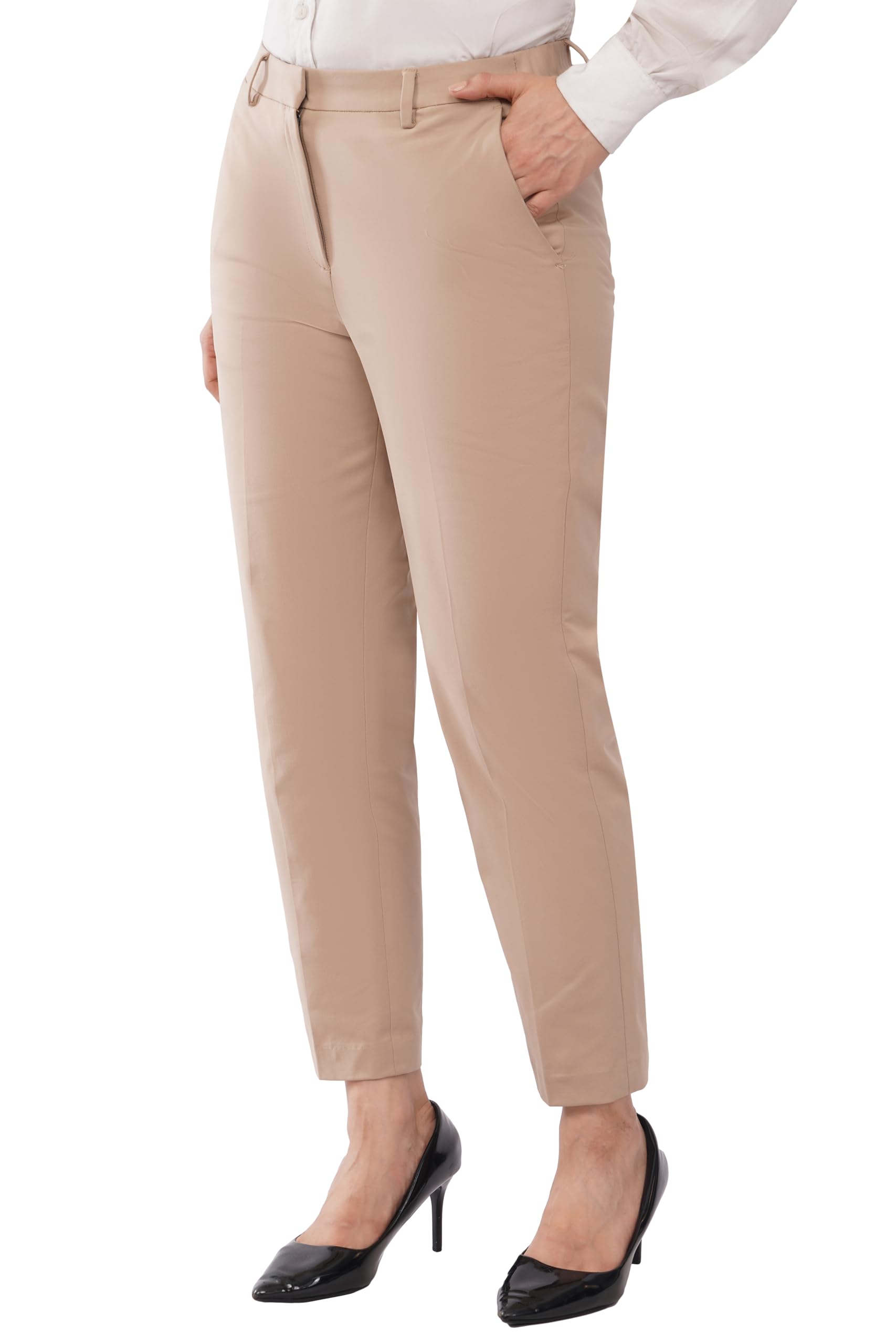 Campus Sutra Women's Tailored Slim Fit Ankle Length Trousers | 4-Way Stretch, Super Comfort, Wrinkle Free Fabric | Expandable Waistband | All Day Comfort, Sophisticated Work-to-Weekend Wear (Style 34) in neutral