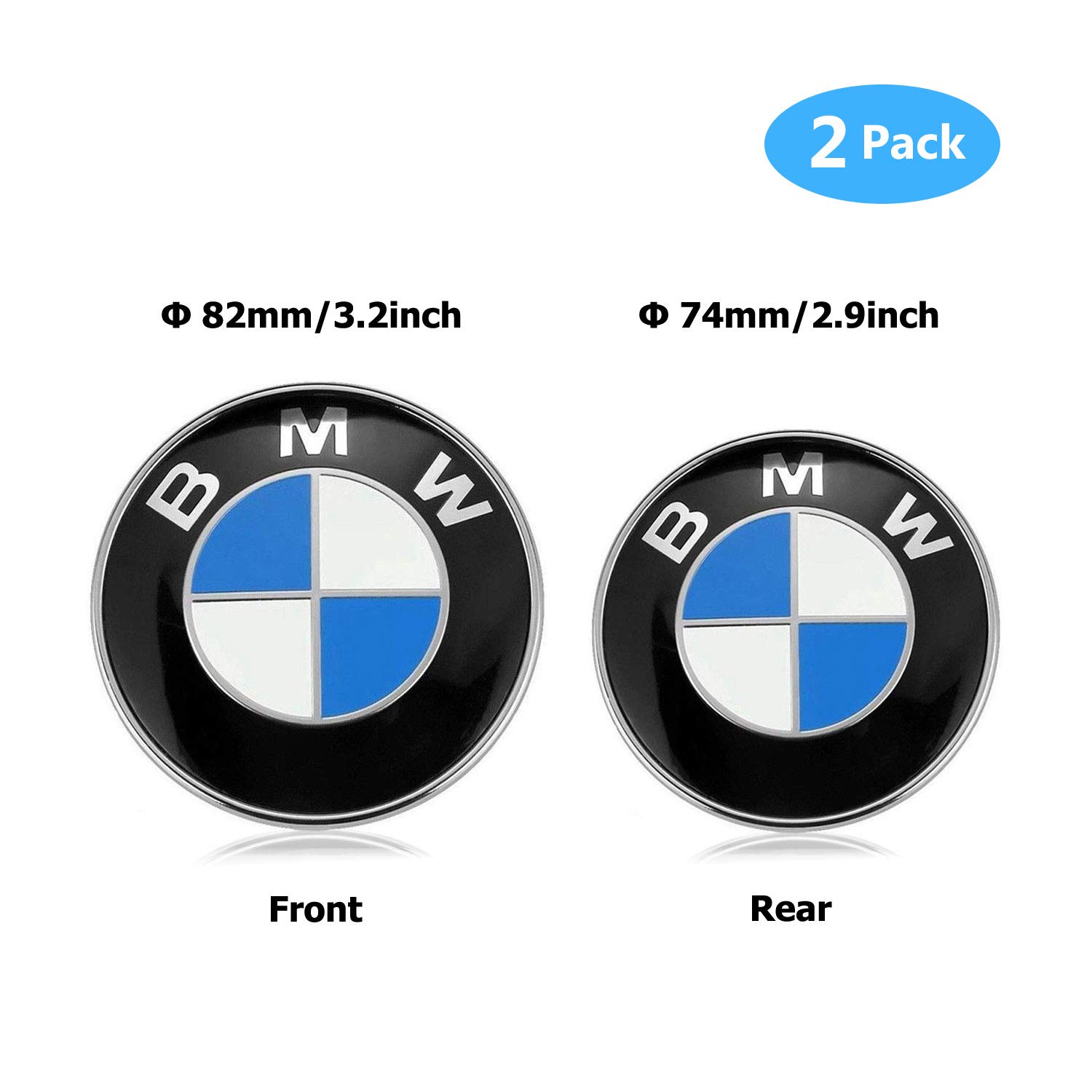 BMW Emblems Hood and Trunk, BMW Emblem Logo Replacement 82mm + 74mm for ALL Models BMW E30 E36 E46 E34 E39 E60 E65 E38 X3 X5 X6 3 4 5 6 7 8 (82mm + 74mm)
