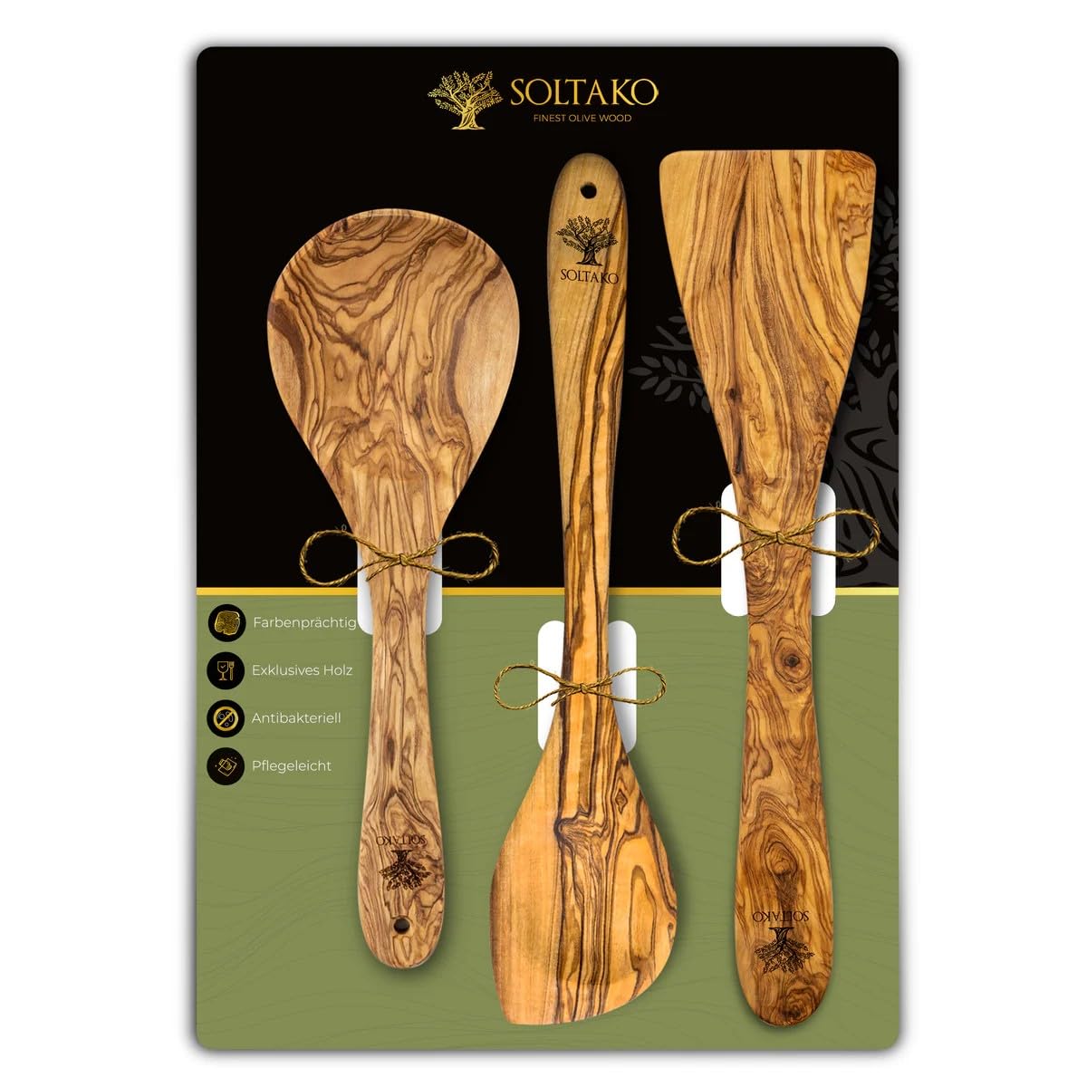 SOLTAKO 3-teiliges Olivenholz Küchen-Set - Set mit Kochlöffel, Pfannenwender und Holz Reislöffel - handgefertigt aus Tunesien - Holzlöffel und Kochlöffel antibakteriell und hitzebeständig