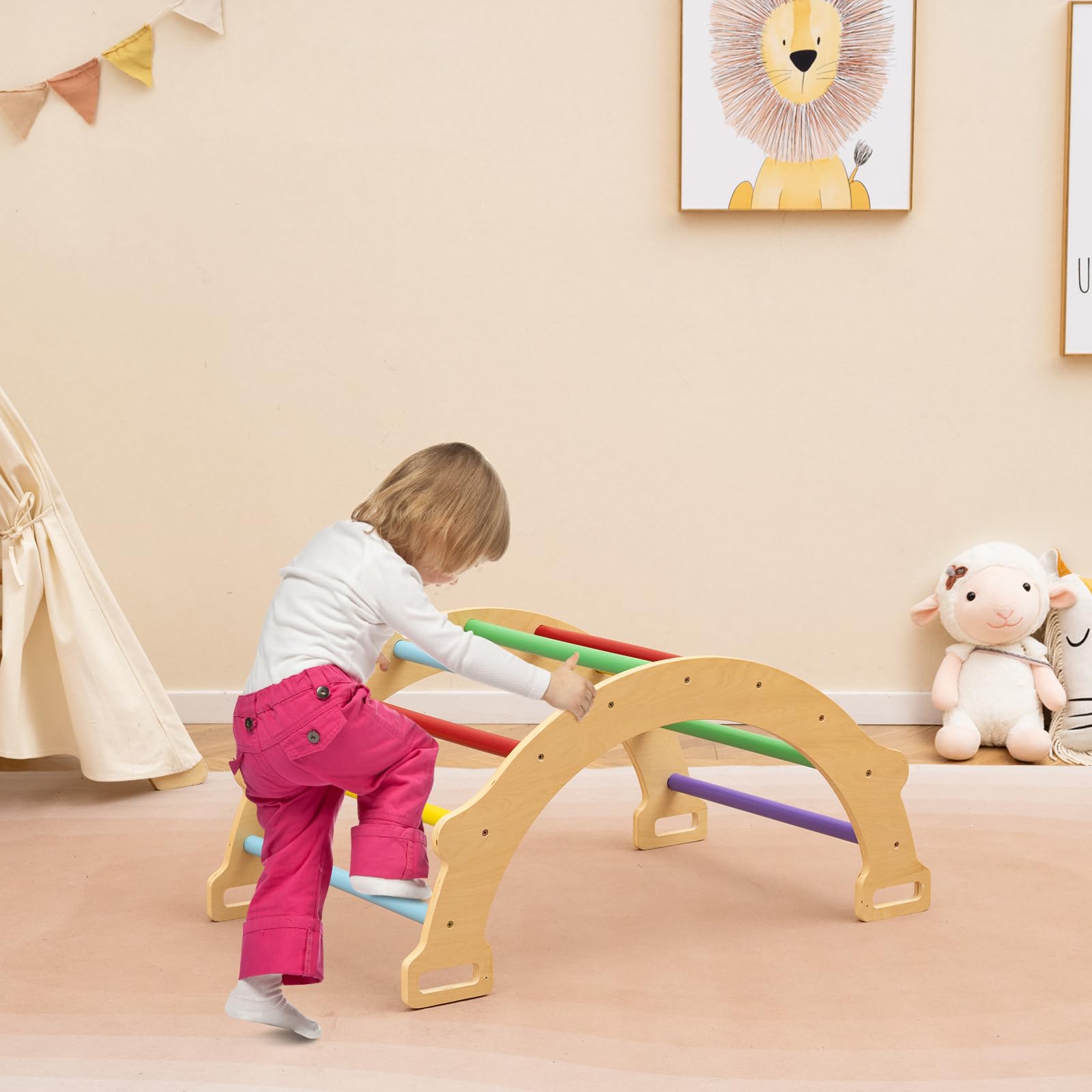 GOPLUS 2 en 1 Arco de Escalada Infantil de Madera, Basculante Con Cojín Suave, Montessori de Juego de Equilibrio de Entrenamiento, Carga 50 kg, Para 1 Año+ (Colorido)