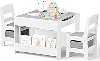 KinderKing 4-in-1 Kids Wooden Table & 2 Chairs Set with Blackboard, Double Bookcase, Storage - Grey Toddler Playroom Furniture