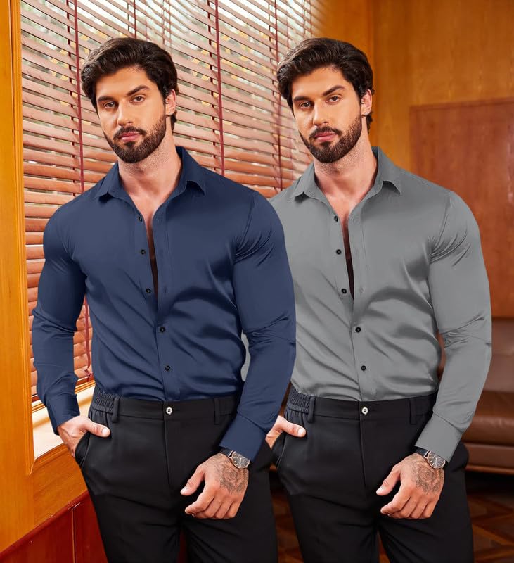 Image of Combo of Men's Premium Satin Cotton Shirt with Full Sleeves & Spread Collar | Smooth Finish | Slim Fit | Stylish Button Down Shirt for Evening, Casual Pack of 2