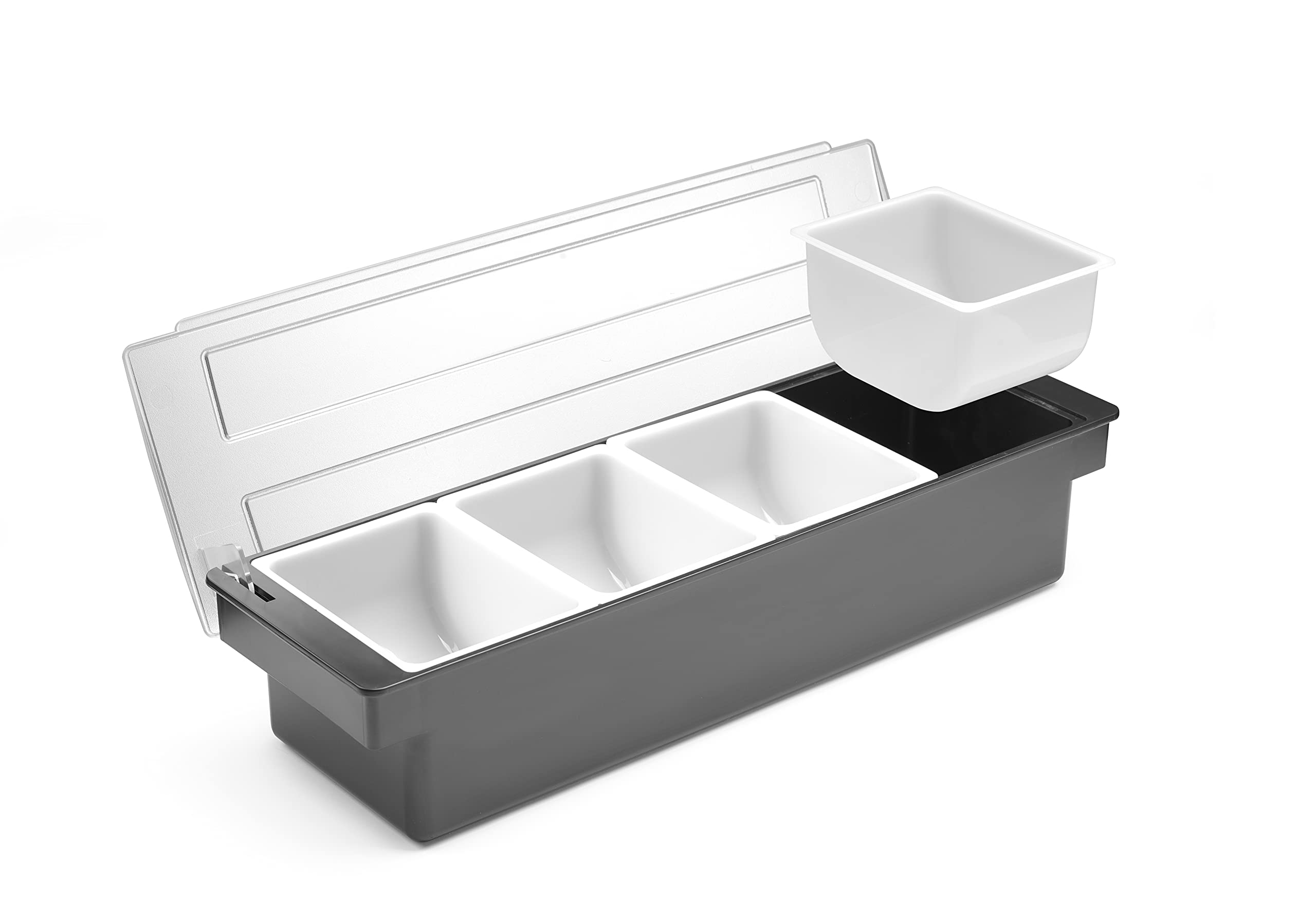 HENDI Portacondimentos de Bar, Bandeja de Guarniciones para Cócteles BarUp, Caja Organizadora con Tapa Transparente, 4 Contenedores de Polipropileno, 480x150x(H) 100mm, HIPS, Negro