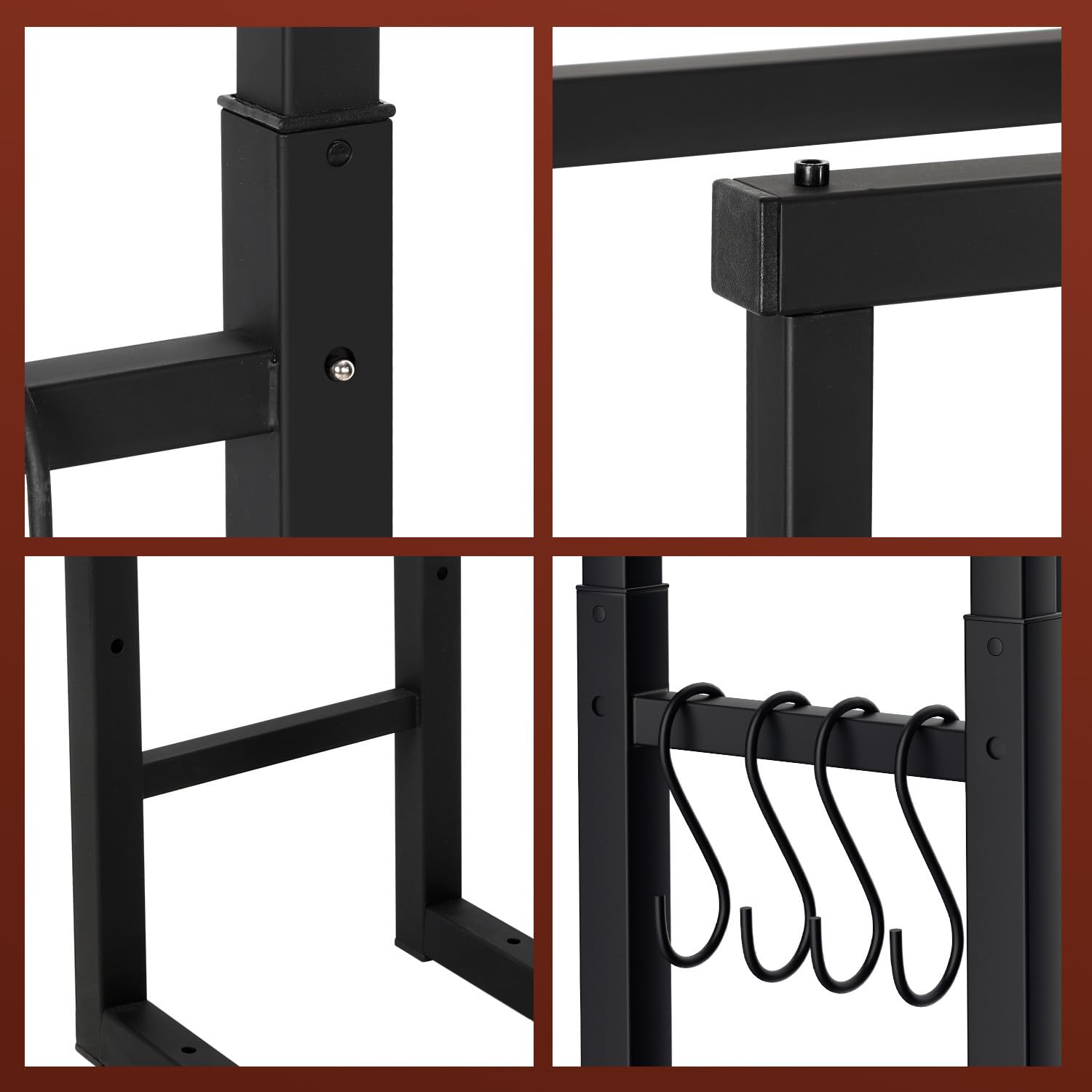 Lospitch Estantería ajustable para leña, 9 tamaños ajustables, soporte para leña con 4 ganchos, soporte para leña para leña, para troncos de madera, color negro