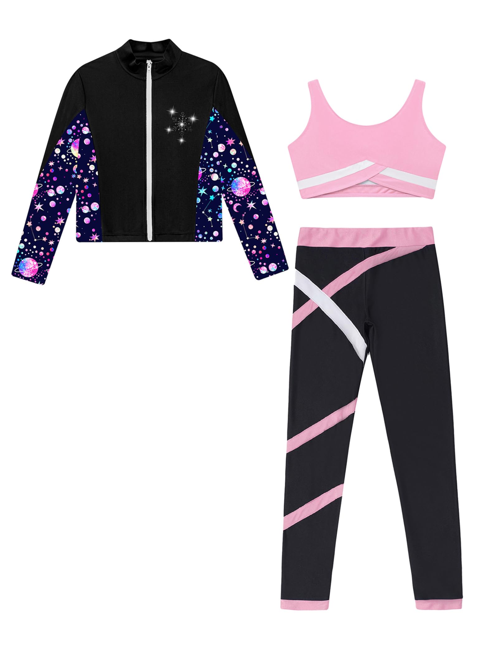 Enfant Fille Ensemble Sport 3 Pièce Survêtement Veste Débardeur Legging Gym Tenue Gymnastique Patinage Artistique Danse Entraînement 5-16 Ans