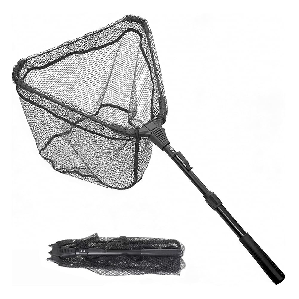 Épuisette de pêche pliable 90 cm - Cadre triangulaire stable - En caoutchouc - Pour étang, ruisseaux, lacs et pêche en bateau