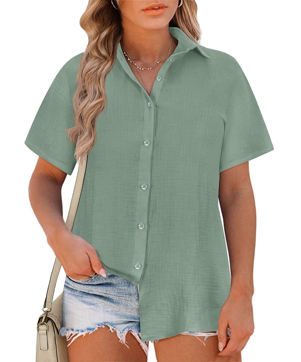 RITERA Womens Plus Size Tops Button Down Roll-Up Cuffed Short Sleeve Casual Shirts Collared Summer Lightweight Blouse XL-5XL