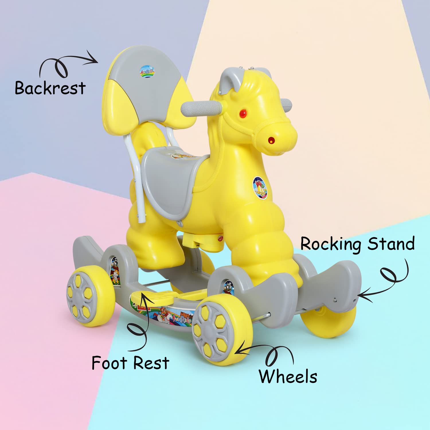eHomeKart Rocking Horse Ride On for Kids - Murphy Super 2-in-1 Horse Rocker Cum Ride On Toy with Backrest - Ideal Age - 1 Year to 3 Years, Weight Supported - Upto 25 KG- Green (Yellow)