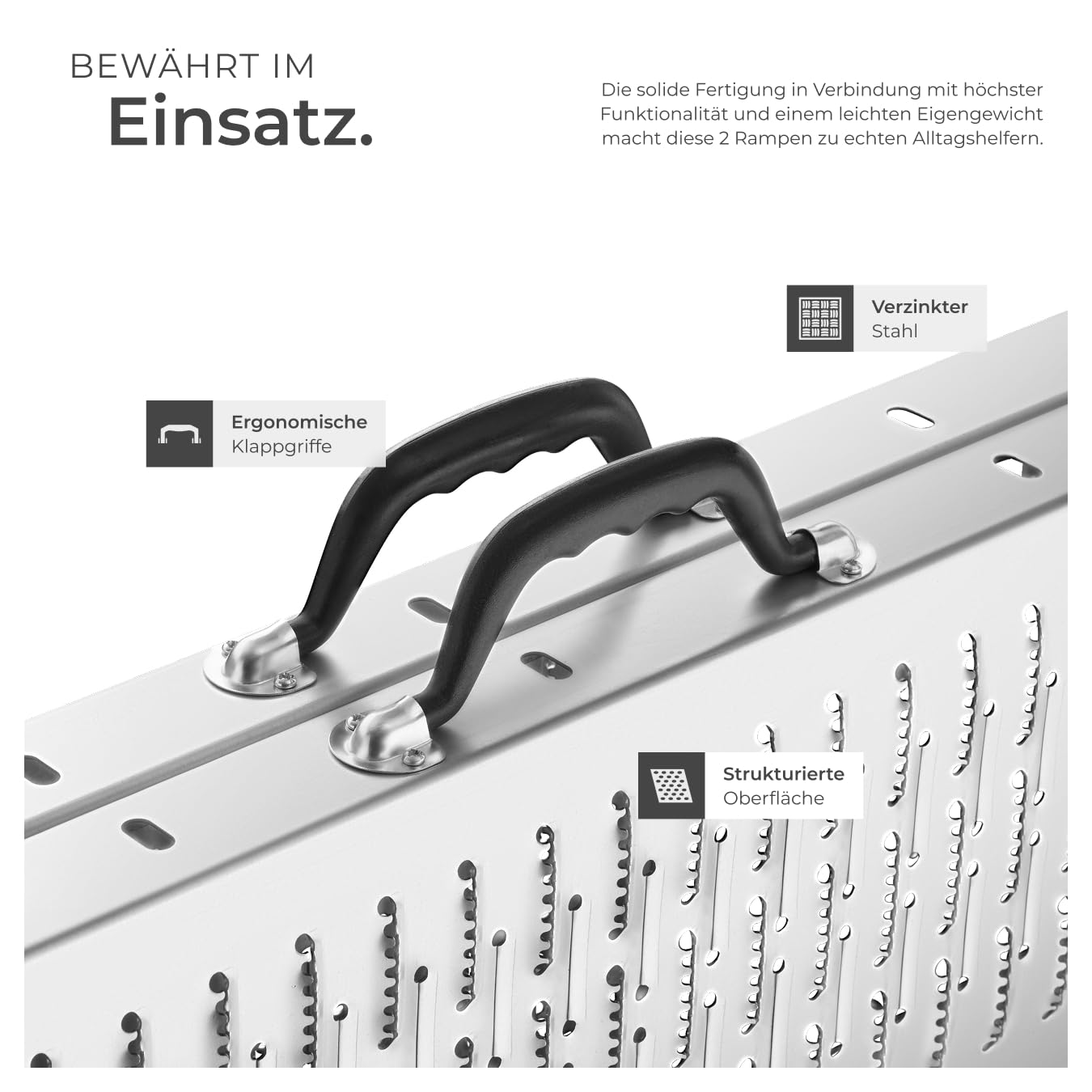 tectake® 2X Faltbare Auffahrrampen, Stahl Rampe, bis 400 kg belastbar, rutschfest, perforiert, Laderampe für Auto oder Anhänger, Auffahrrampe für Motorrad, Rasentraktor, Rollstuhl, Fahrrad (186 cm)