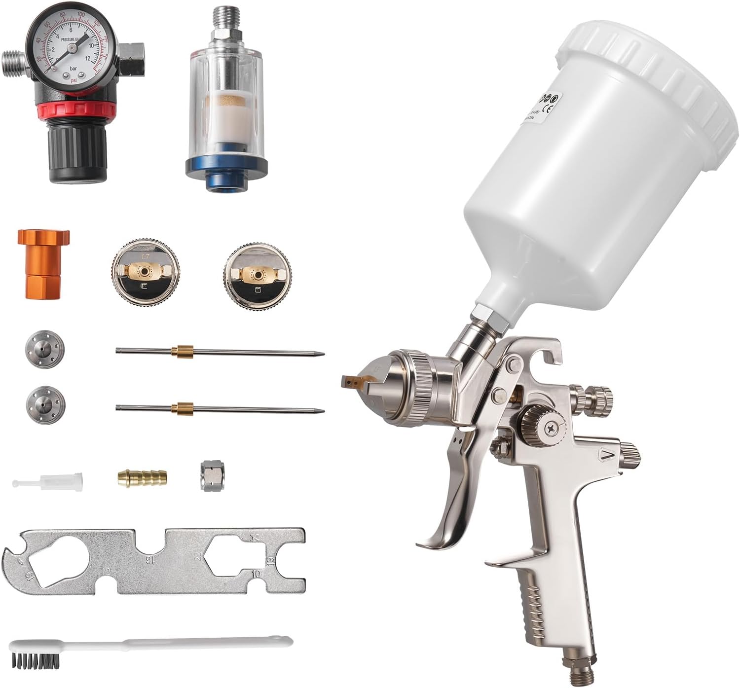 VEVOR LVLP Air Spray Gun, Gravity Feed Paint Sprayer Gun with 3 Nozzles (1.3/1.4/1.7mm), 600ml Capacity Automotive Paint Sprayer with Air Regulator fo