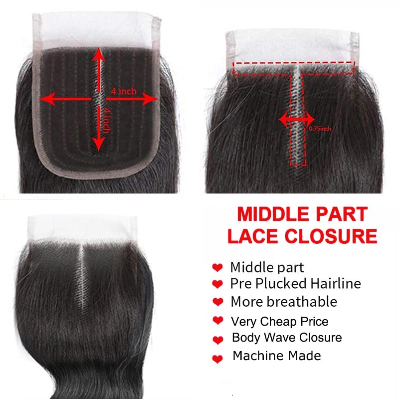 NW Brazilian 4X4 Closure Middle Part Closure Machine Made Body Wave Closure 100 Unprocessed Human Hair Natural Black Color Virgin Human Hair(8Inch, Middle Part Body)