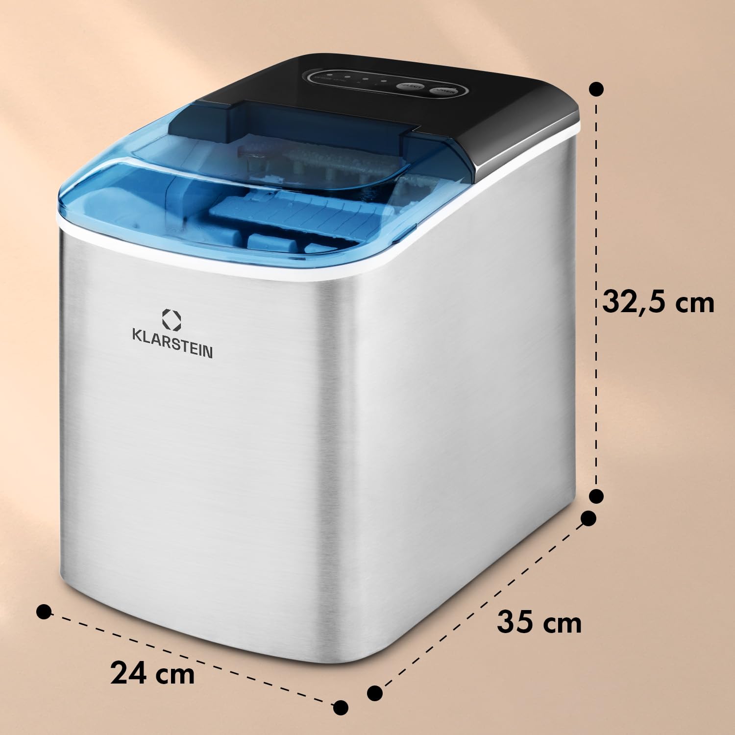 Klarstein On-The-Rocks - Eismaschine, Eiswürfelbereiter, Eiswürfelmaschine, 12 kg / 24 h, 120W, 2 Würfelgrößen, 6-12 min, 2,1 Liter Wassertank, Selbstreinigungsprogramm, Edelstahl, schwarz