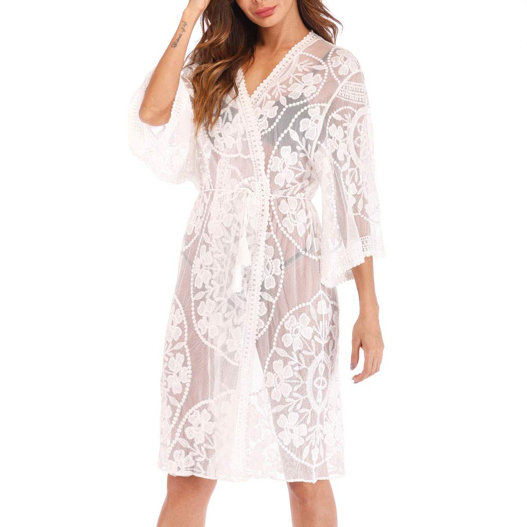 Generic Kimono mujer encaje negro vestido de encaje transparente vestido de playa transparente abrigo de playa tallas grandes chaqueta de playa corto vestido de playa ligero toalla de playa verano poncho de