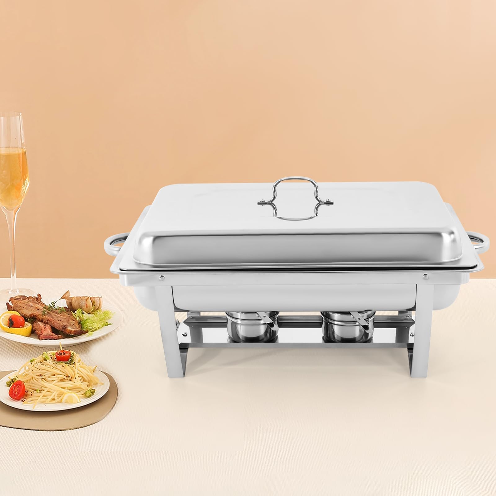 Chafing Dish Edelstahl mit Glasdeckel, 3 Behälter inklusive, Warmhaltebehälter für Buffet & Catering, Bain Marie Wasserbad Speisenwärmer für Party