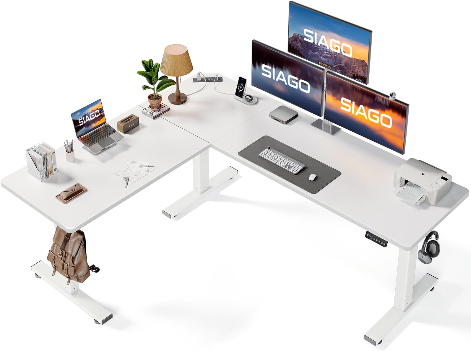 SIAGO L-Shaped Standing Desk - 75 x 63 Inch Adjustable Corner Standing Desk with Charging Station - L Shape Sit Stand Table with Memory Controller, Splice Board for Home Office