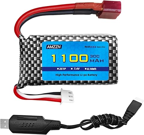 7.4V 2S 1100mAh 30C Lipo batería T-Plug con cargador USB para 18859 18858 16889 300E 302E HS181 2845 Q903 Q901 110,112,116,118 RC coches, camiones,