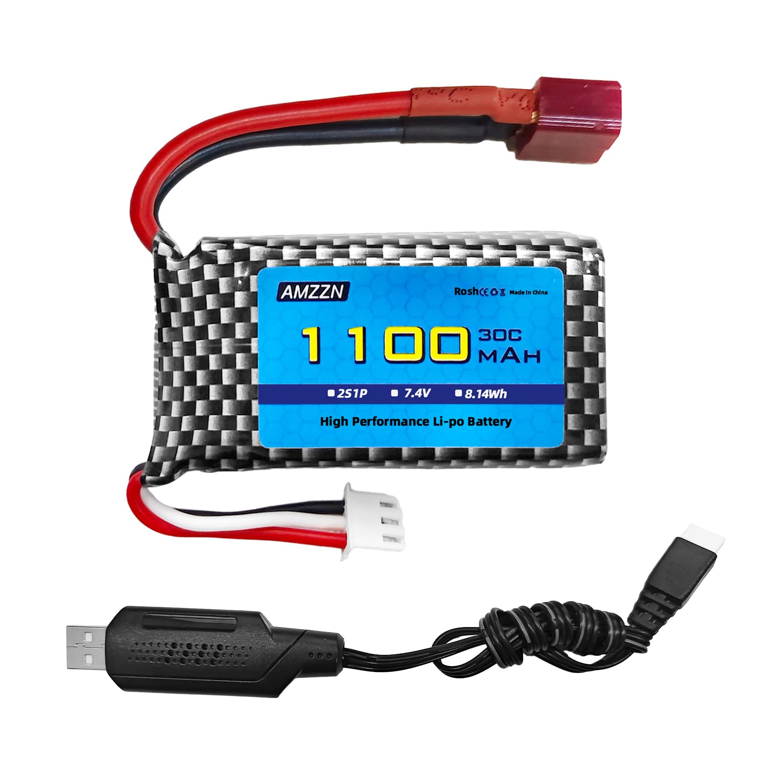 AMZZN 7.4V 2S 1100mAh 30C Lipo Battery T-Plug with USB Charger for 18859 18858 16889 300E 302E HS181 2845 Q903 Q901 1/10,1/12,1/16,1/18 RC Cars,Trucks,High-Speed Vehicles (1PCS Battery+1USB)