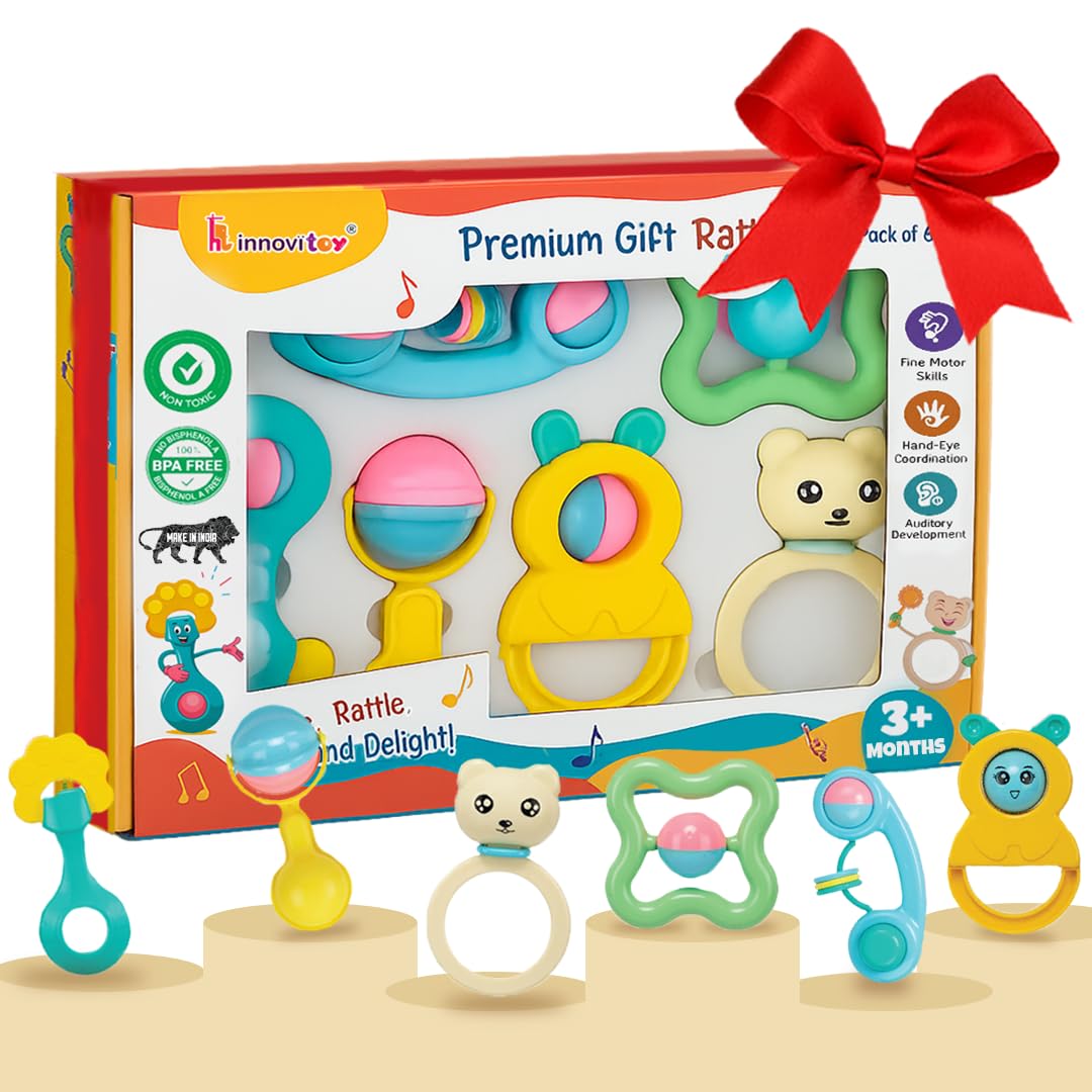 Innovitoy 6 Pcs Baby Rattle Gift Set & Teether Set | Safe, Non-Toxic Toys for Newborns 3+Months | Colorful Soft Sound Rattles | Ideal for Baby Gift