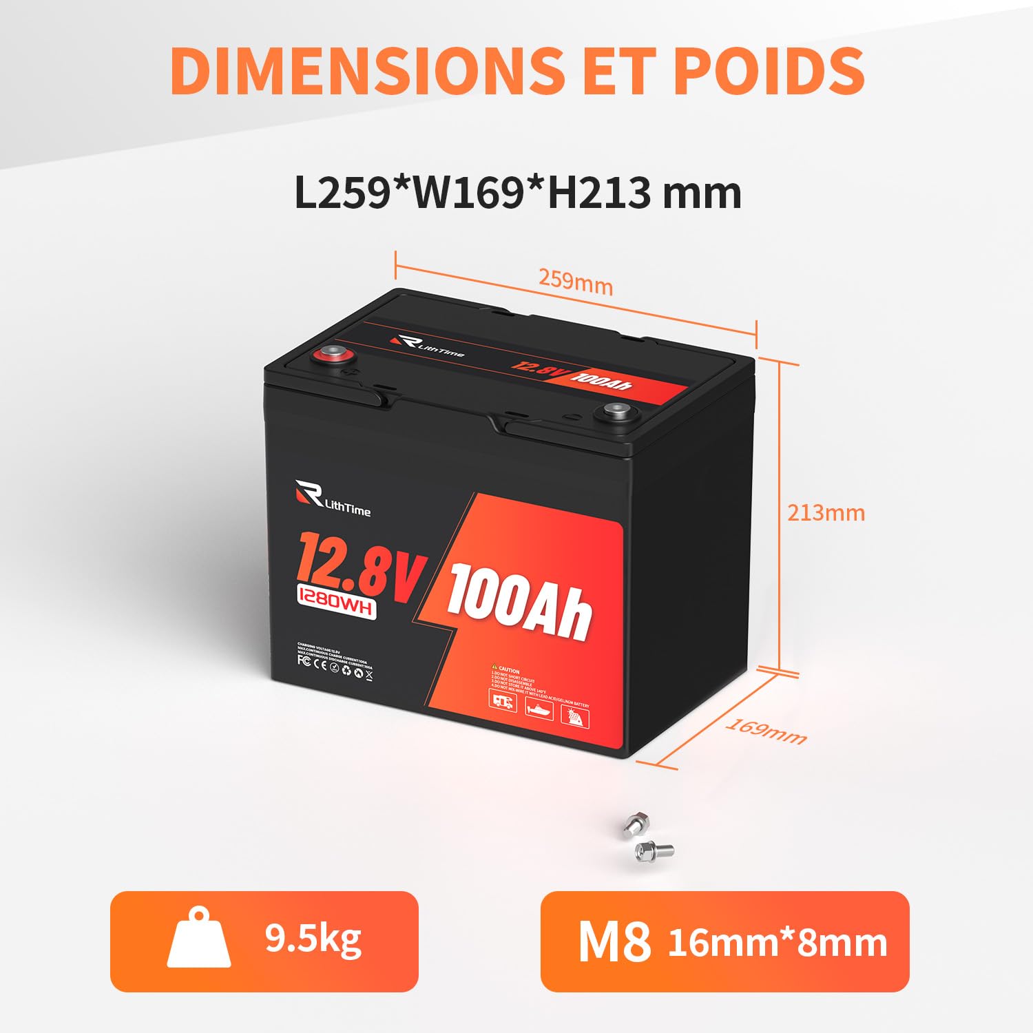Batterie LiFePO4 12V 100Ah avec Cellules Grade A+ 15000 Cycles et Rendement 95% pour Camping-Car Bateau et Système Solaire