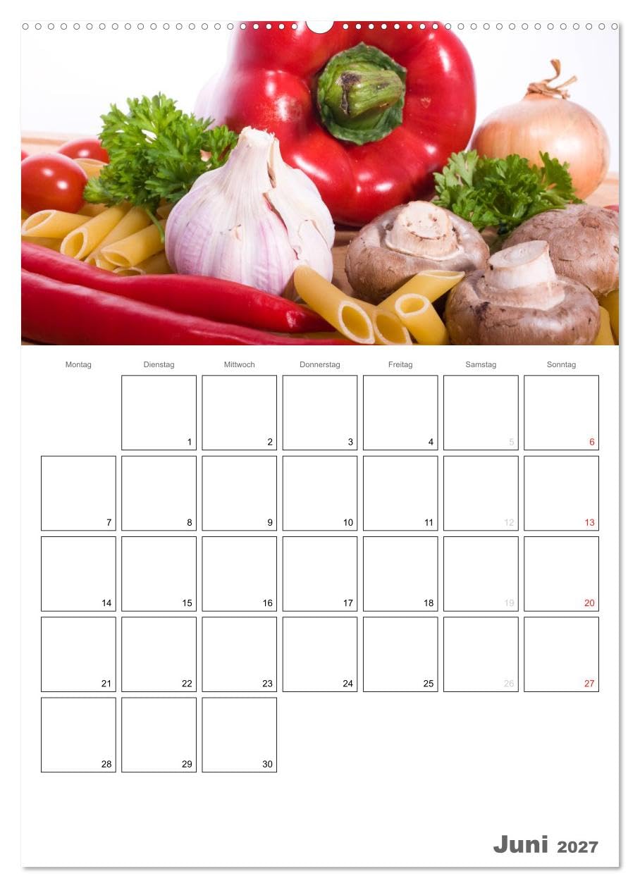 CALVENDO - Frische Küche - Der hilfreiche Monatsplaner/Planer (hochwertiger Premium Wandkalender 2027 DIN A2 hoch), Kunstdruck in Hochglanz: Kunstvoll zubereitete Speisen und frische Zutaten bilden