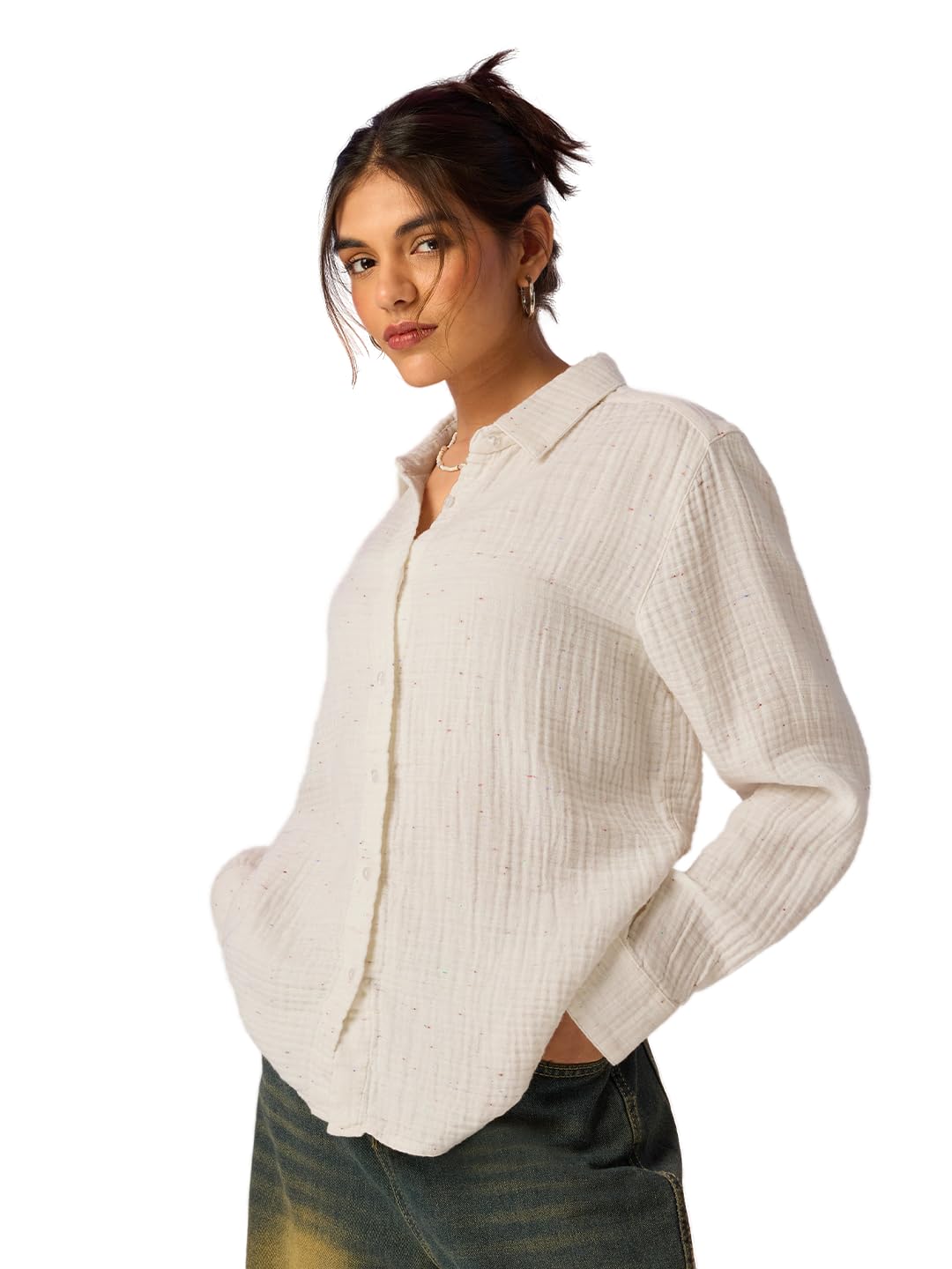 The Souled Store Textured Shirt: Pixie Dust Women and Girls Full Length Sleeves Collared White Speckle Printed Cotton Lyocell Regular Fit Lightweight Everyday All-Season Shirt in white