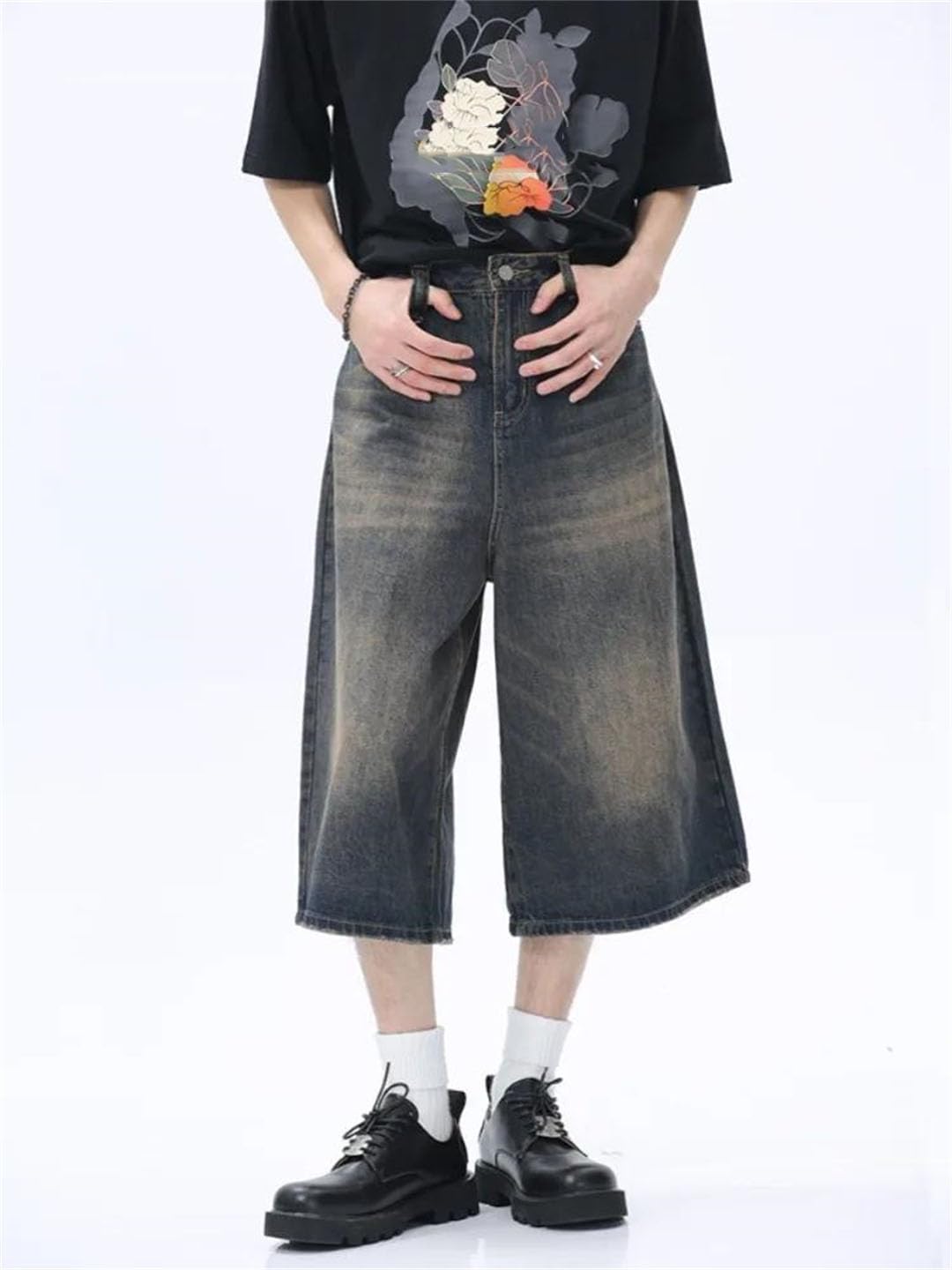 Damskie spodenki na co dzień Harajuku Vintage Zamek Luźne Szerokie Nogawki Punk Baggy Mid Long Denim Szorty, Jasnoniebieski, XXL