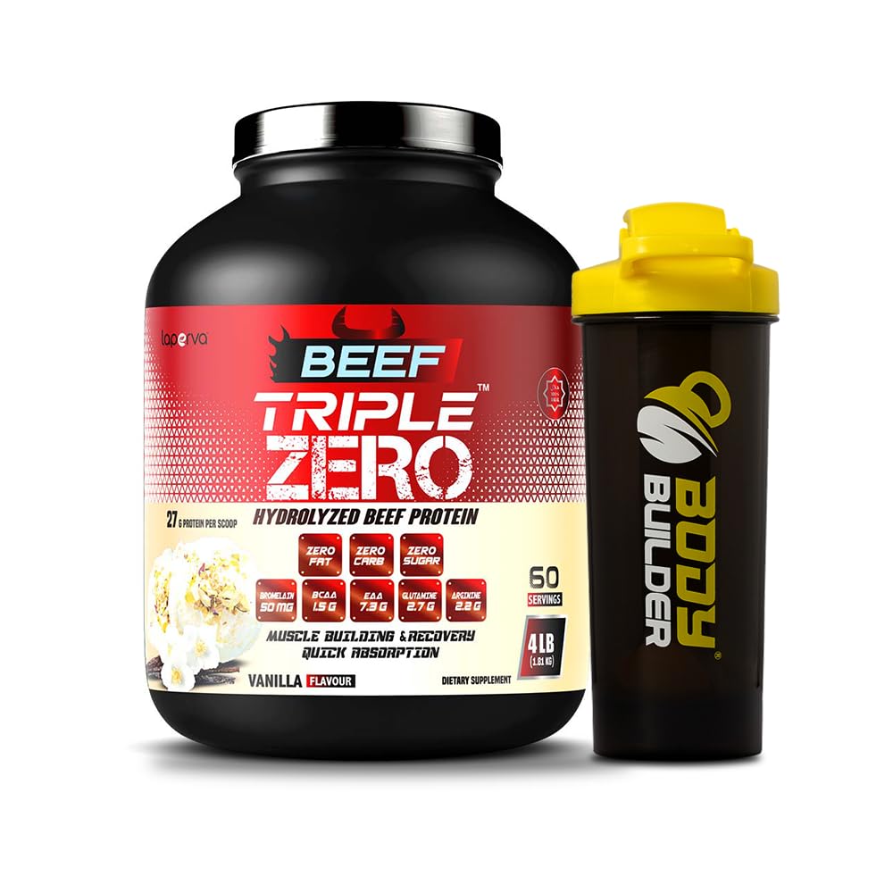 Laperva Beef Triple Zero Hydrolyzed Protein Powder - ZERO FAT, CARB & SUGAR - 86% Protein - With BCAA & Glutamine - Muscle Growth Recovery & Digestive Support (4 LB, Vanilla) (Shaker Free) Vanilla 4 LB
