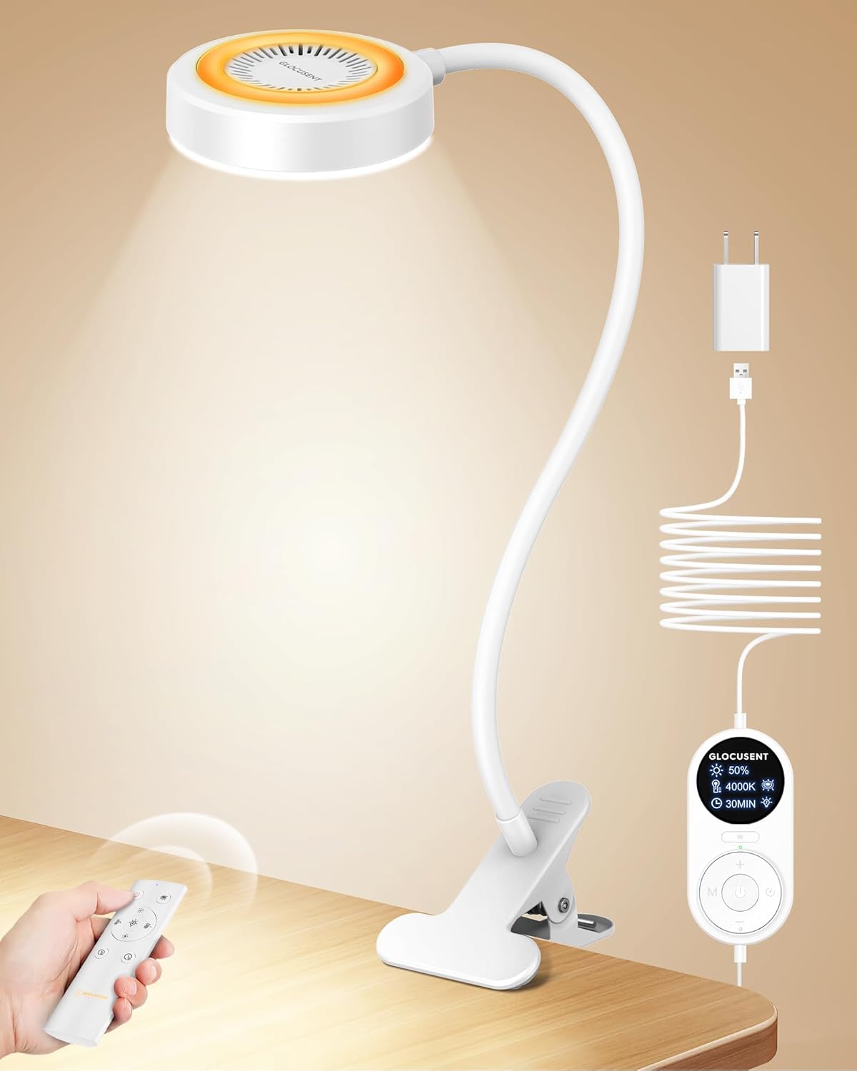 Glocusent 72 LED Clip on Lamp with Remote, Reading Light with Amer Ring Night Light, 3 Colors & 5 Dimmable Desk Lamp with Clamp, Auto-Off Timer for Night Reading, Bed Light for Headboard/Dorm/Bunk White