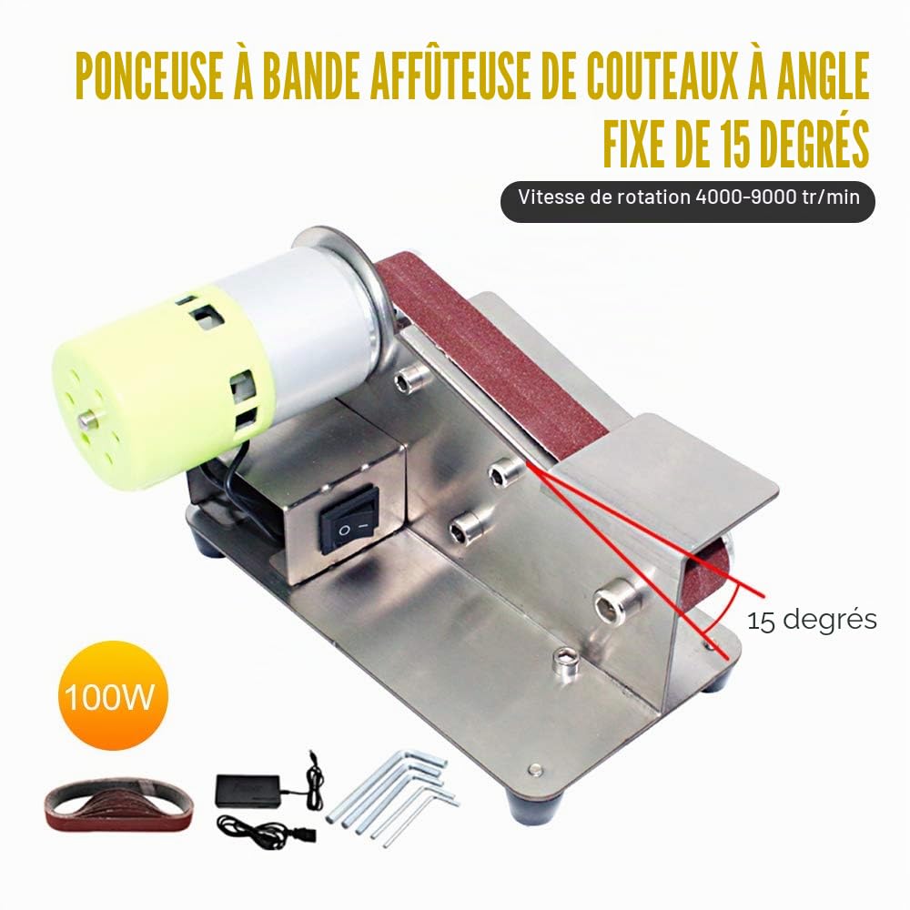 Ponceuses à bande, Affûteur de Couteaux à Angle Fixe à 15 Degrés 7 Niveaux Polisseuse Réglable, 100W Machine de Polissage avec 10pcs Bandes de Ponçage électrique
