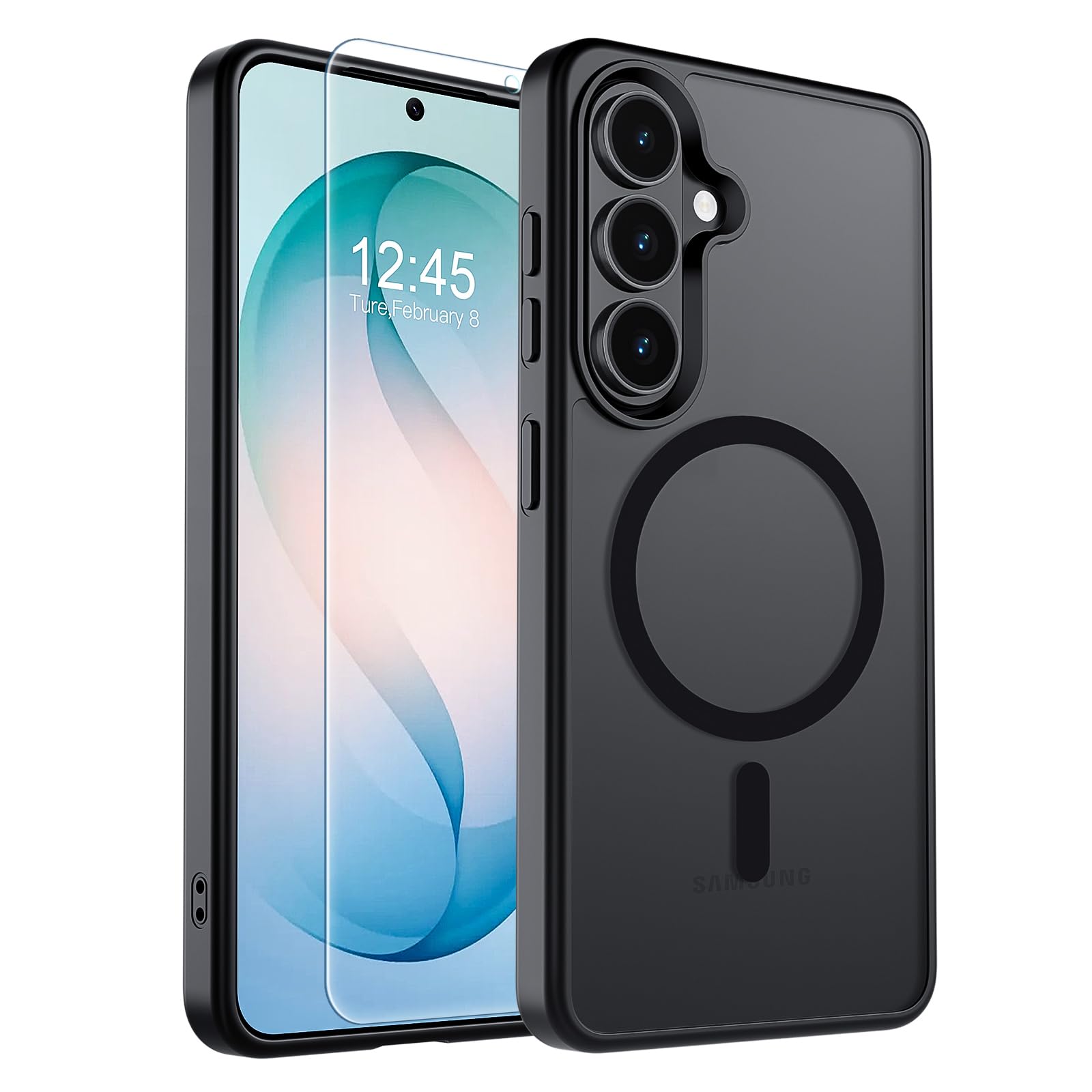 SUPFINE Magnetic for Samsung Galaxy S26 Case with Screen Protector, (Built-in Magnets) (Military Grade Drop Protection) Slim Translucent Shockproof Phone Case,Black Black S26 6.3"